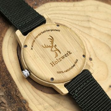 Holzwerk Quarzuhr HERFORD Damen und Herren Textil & Holz Armband Uhr, oliv grün, beige
