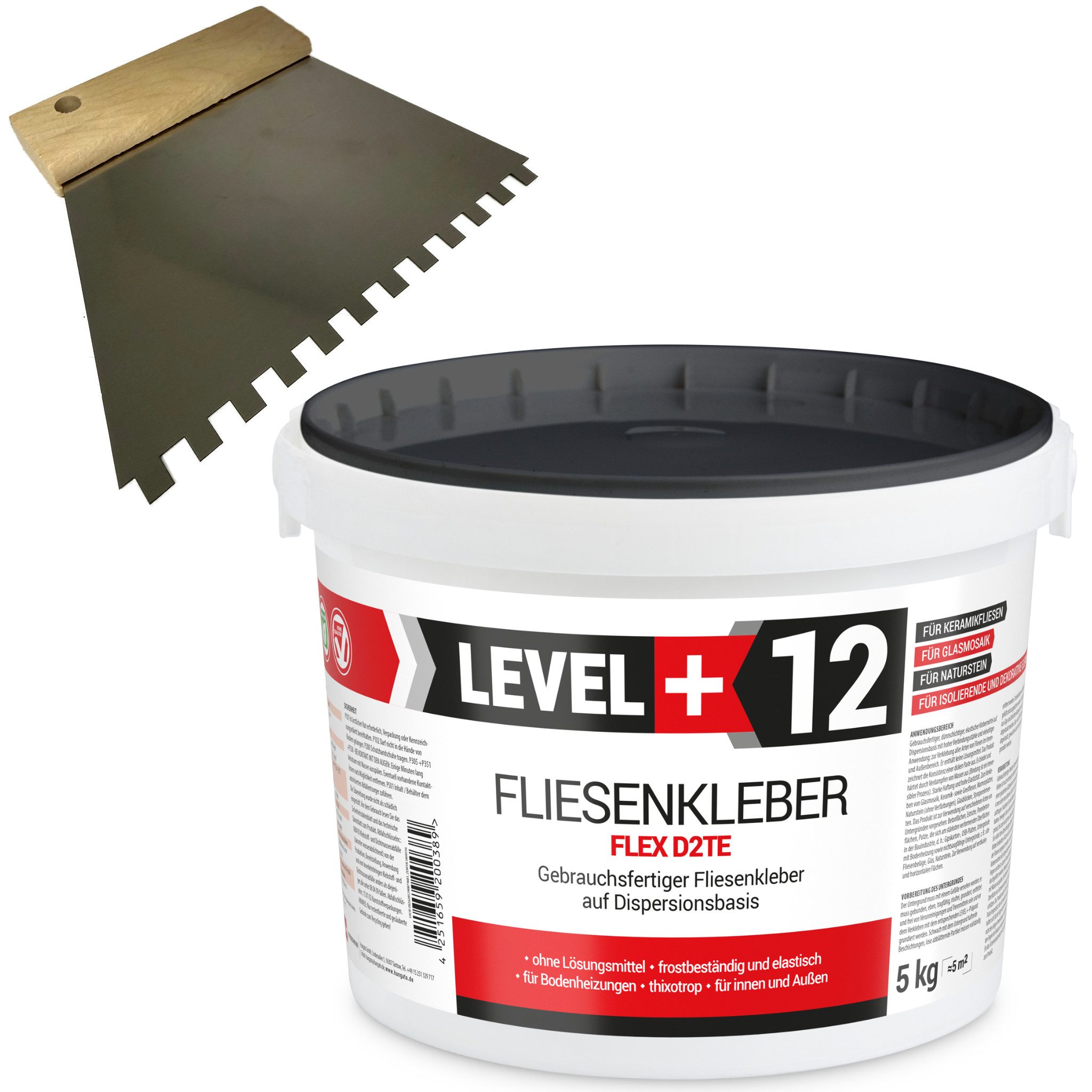 Level+ Montagekleber Fliesenkleber 5KG Fertig Dispersionkleber L+12 + Zahnspachtel 6mm