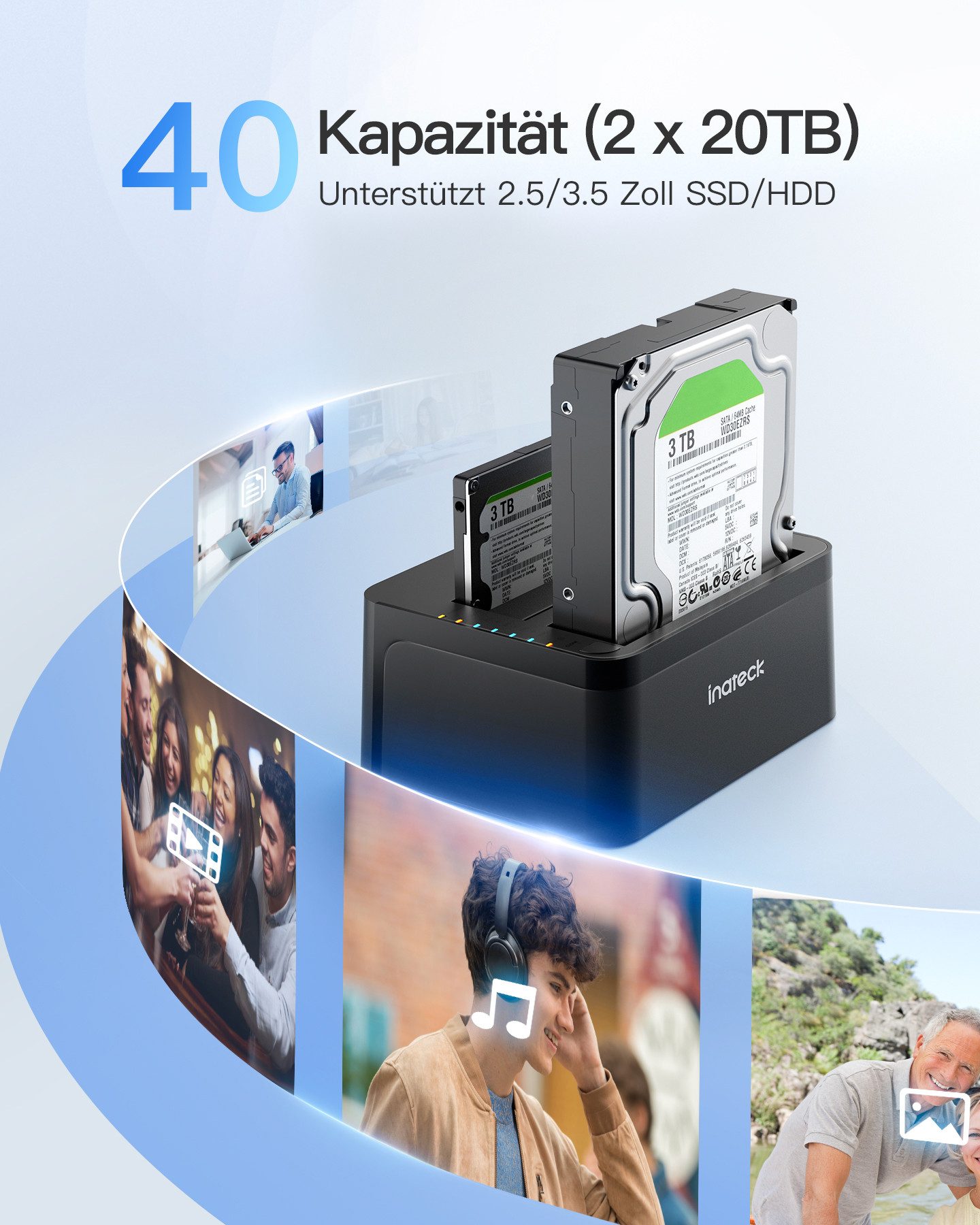 Inateck Festplatten-Dockingstation USB 3.0, SATA Dual-Schacht Docking