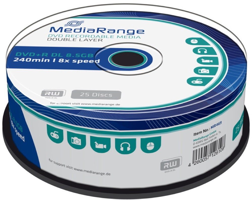 Mediarange DVD-Rohling 25 Mediarange Rohlinge DVD+R Double Layer 8,5GB 8x Spindel