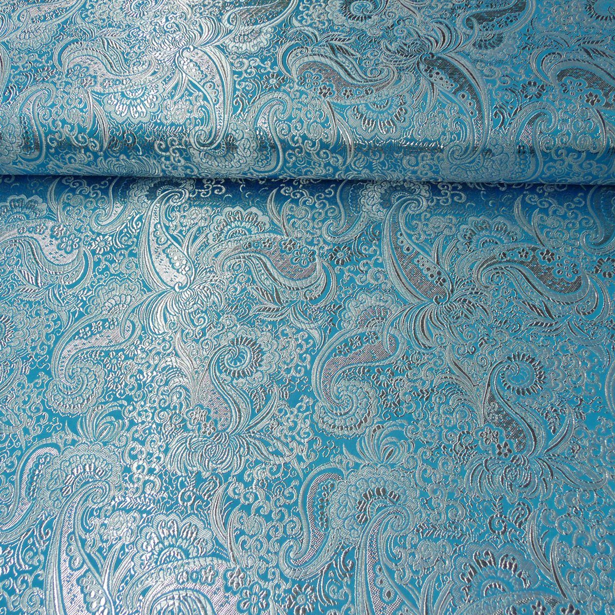SCHÖNER LEBEN. Stoff Stoff Meterware Lurex Jaquard Paisley Ornament türkis silberfarbig, mit Metallic-Effekt