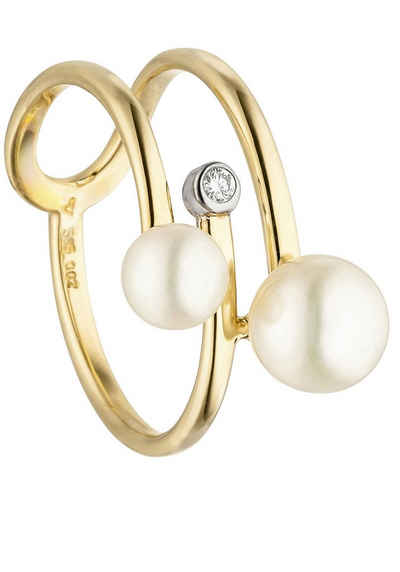 JOBO Perlenring Ring mit 2 Perlen und Diamant, 585 Gold
