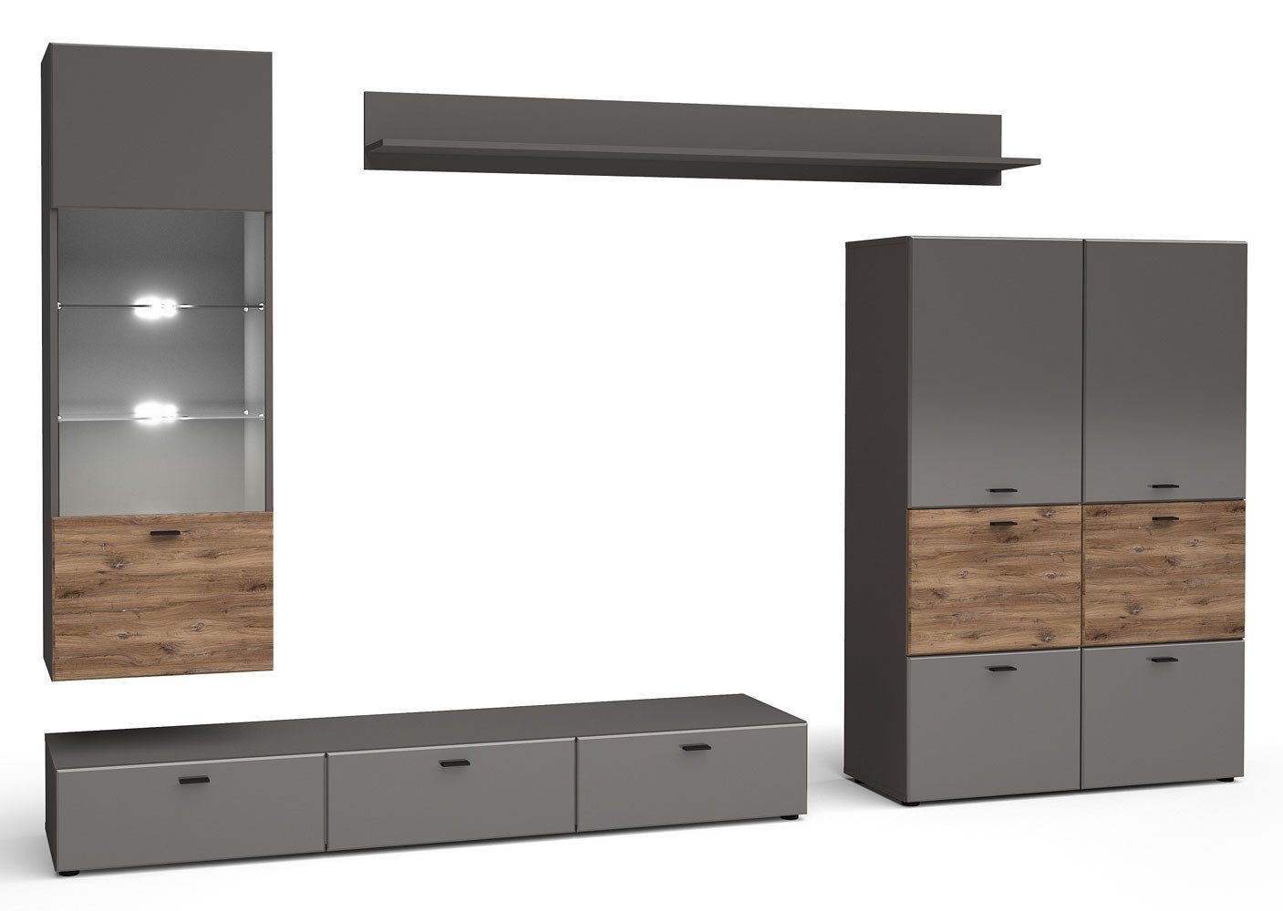 Feldmann-Wohnen Wohnwand Oviedo, (1 Hängevitrine, 1 Highboard, 1 Lowboard, 1 Wandregal, moderne Optik, holzfarbene Akzente, Griffstücke, mit Beleuchtung), graphit matt / Flagstaff Eiche, 4-teilig