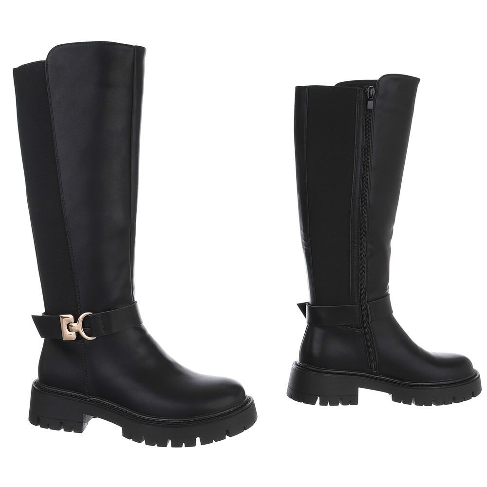 Ital-Design Moderne Damenstiefel mit Schnalle für Herbst & Winter Plateaustiefel (90471378) Blockabsatz Stiefel in Schwarz