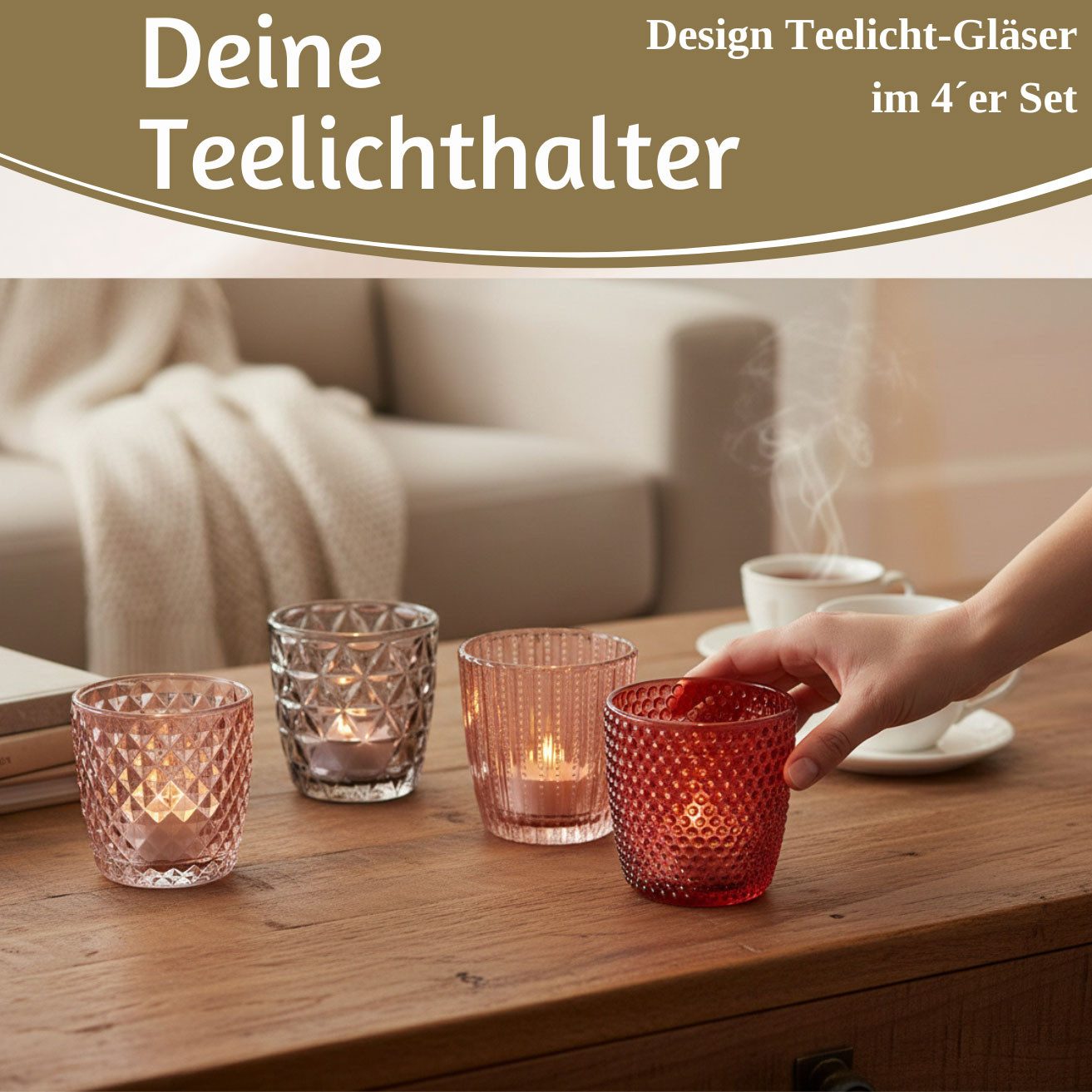 LS-LebenStil Teelichthalter 4´er Set Teelichtgläser Retro Rosa Rose 7cm Glas Windlicht (4´er Set Kristall Ornament Windlicht für Teelichter, 4 St., Halter Kerzenständer Tischdeko Kerzenhalter Gläser für Teelichter), 7x7cm, 4´er Set Kristall Ornament Windlicht für Teelichter