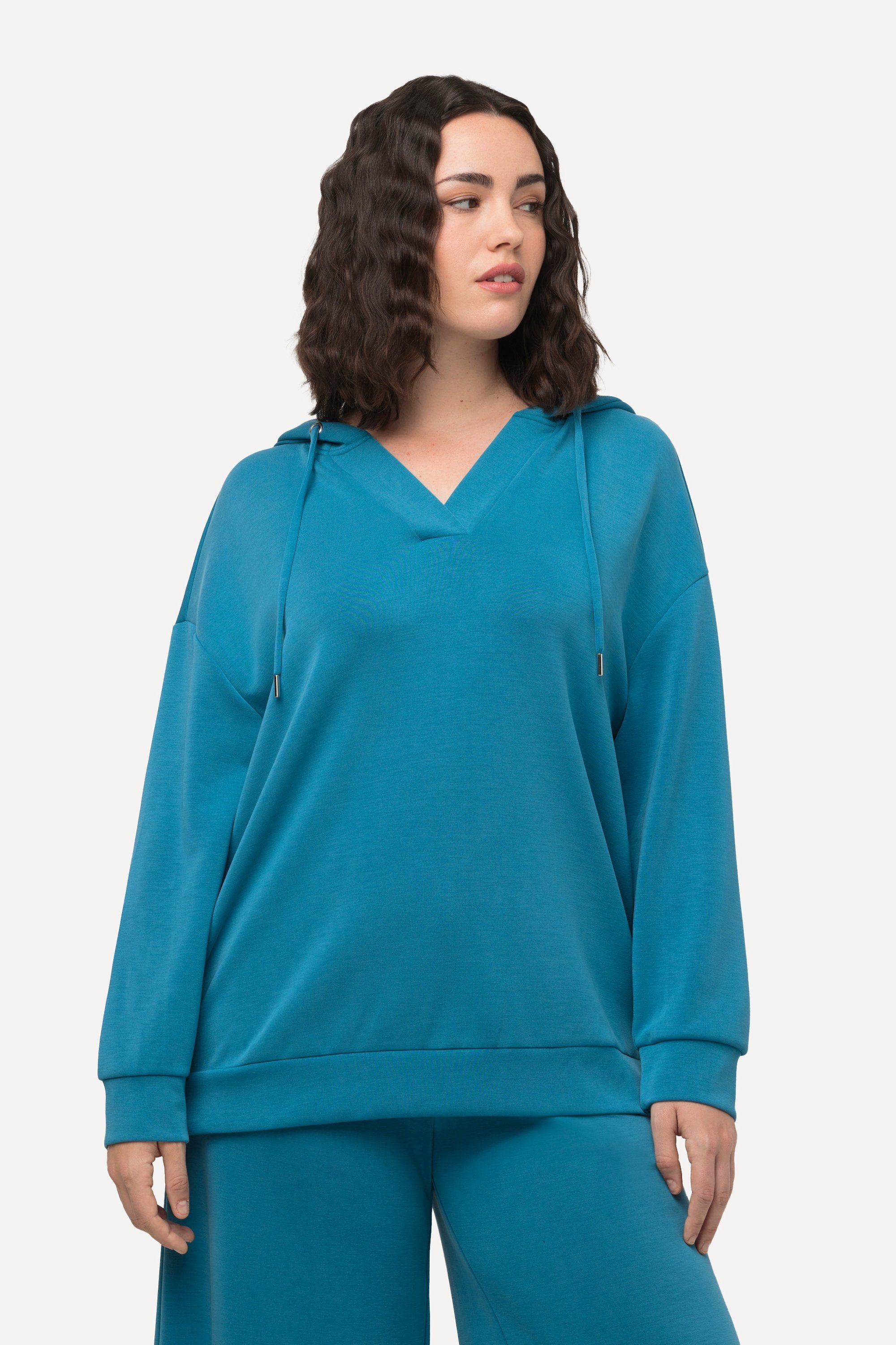 Ulla Popken Sweatshirt Hoodie Oversized V-Ausschnitt Langarm Kapuzenshirt kräftiges petrol | Sweatshirts