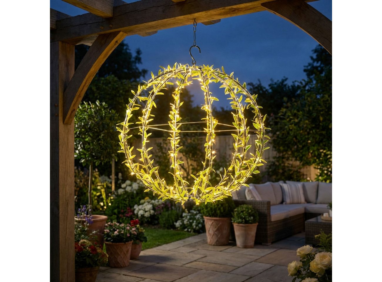 shop'n smile ideoon Hängeleuchte Solar Leuchtkugel Gartenkugel Ø40cm Blätterdesign 144 LEDs 2 Lichtmodi, LEDs, Warmweiß, 2 Modi, Solarbetrieb & Dämmerungssensor IP44, Dekoleuchte