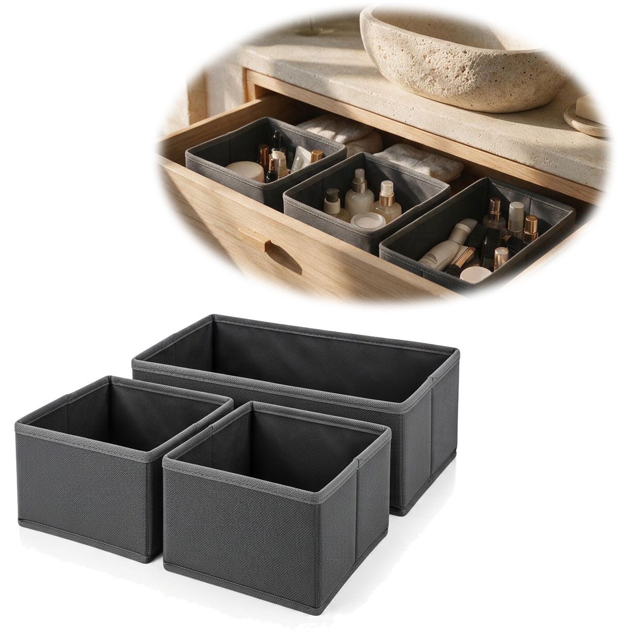 LS-LebenStil Aufbewahrungsbox 3x Schubladen Organizer Set Ordnungssystem Regalbox Faltbar Kleidersch (3-fach für Socken, Krawatten, Kosmetik, 1 St., Aufbewahrung Ordnungssystem Schubladen Organizer), Boxen Kleiderschrank Aufbewahrungskorb passend für Kallax Regal