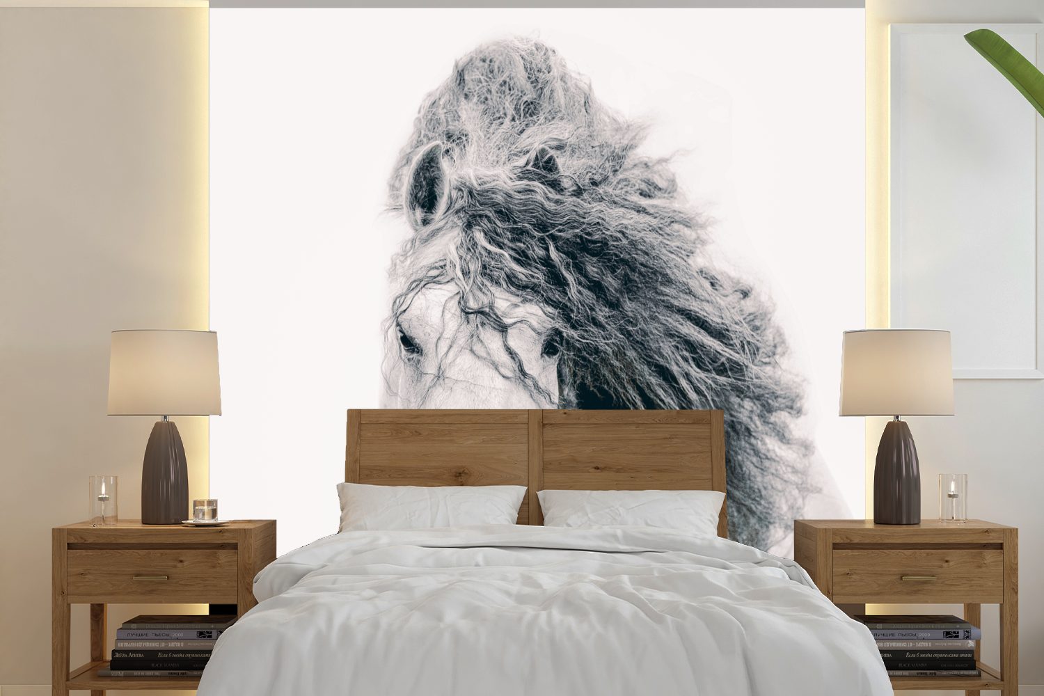 MuchoWow Fototapete Pferd - Weiß - Haar, Matt, bedruckt, (5 St), Vinyl Tapete für Wohnzimmer oder Schlafzimmer, Wandtapete