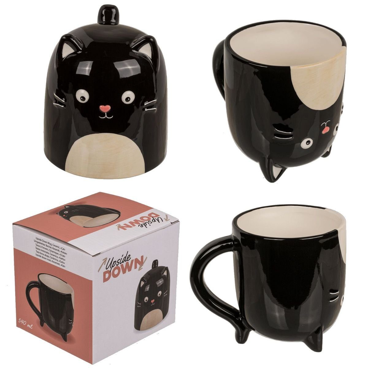 Out of the Blue Tasse Kopfüber-Tasse Katze ca. 12 x 14 cm Kaffetasse mit Wendefunktion 540ml, Dolomite, XL Wende-Tasse