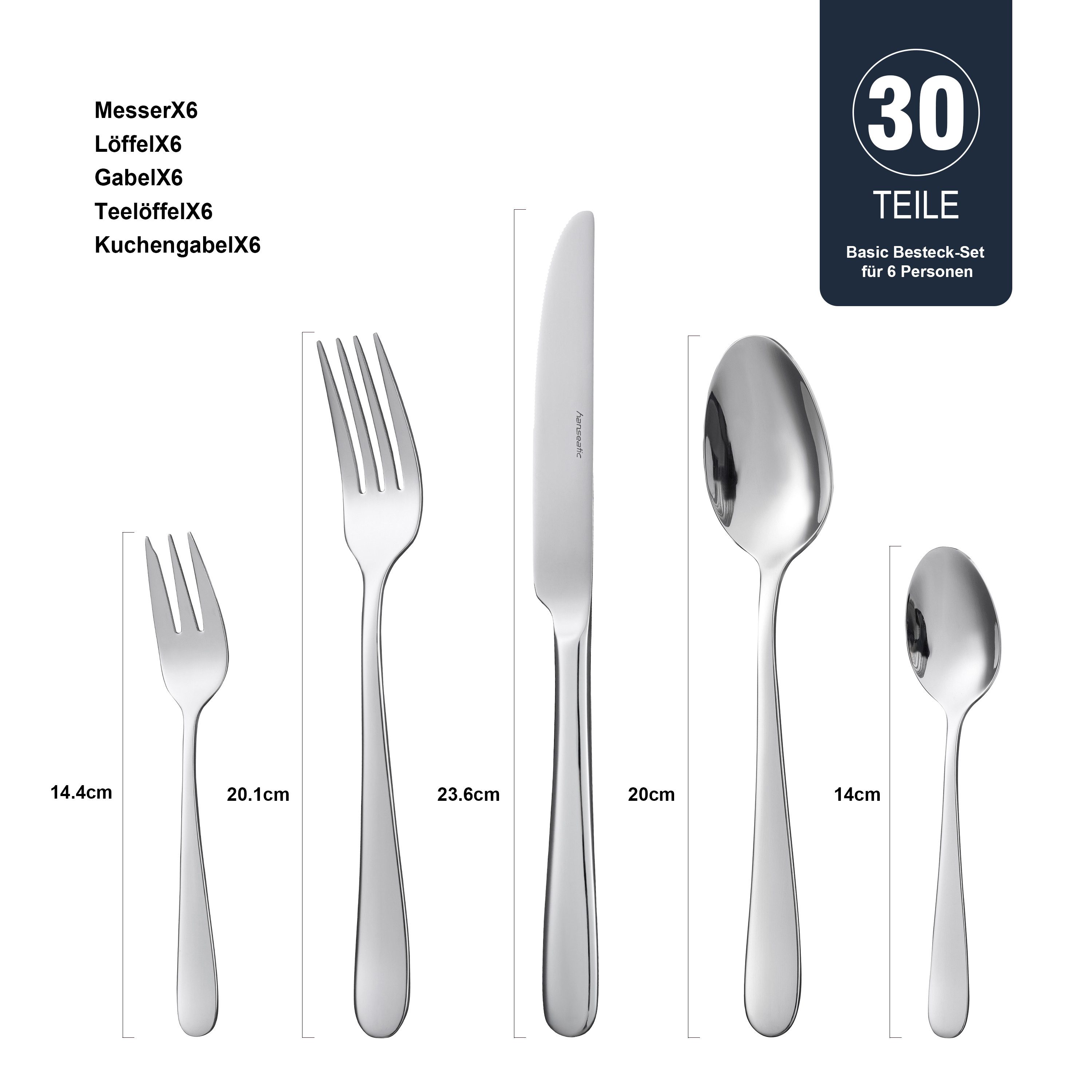Hanseatic Besteck-Set BASIC (30-tlg), 6 Personen, Edelstahl 18/10, modischer Klassiker