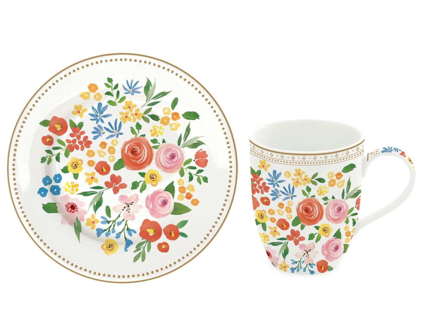 EasyLife Frühstücks-Geschirrset Boho Flowers, Porzellan, Spülmaschinengeeignet, Mehrfarbig, Motiv: Blumen