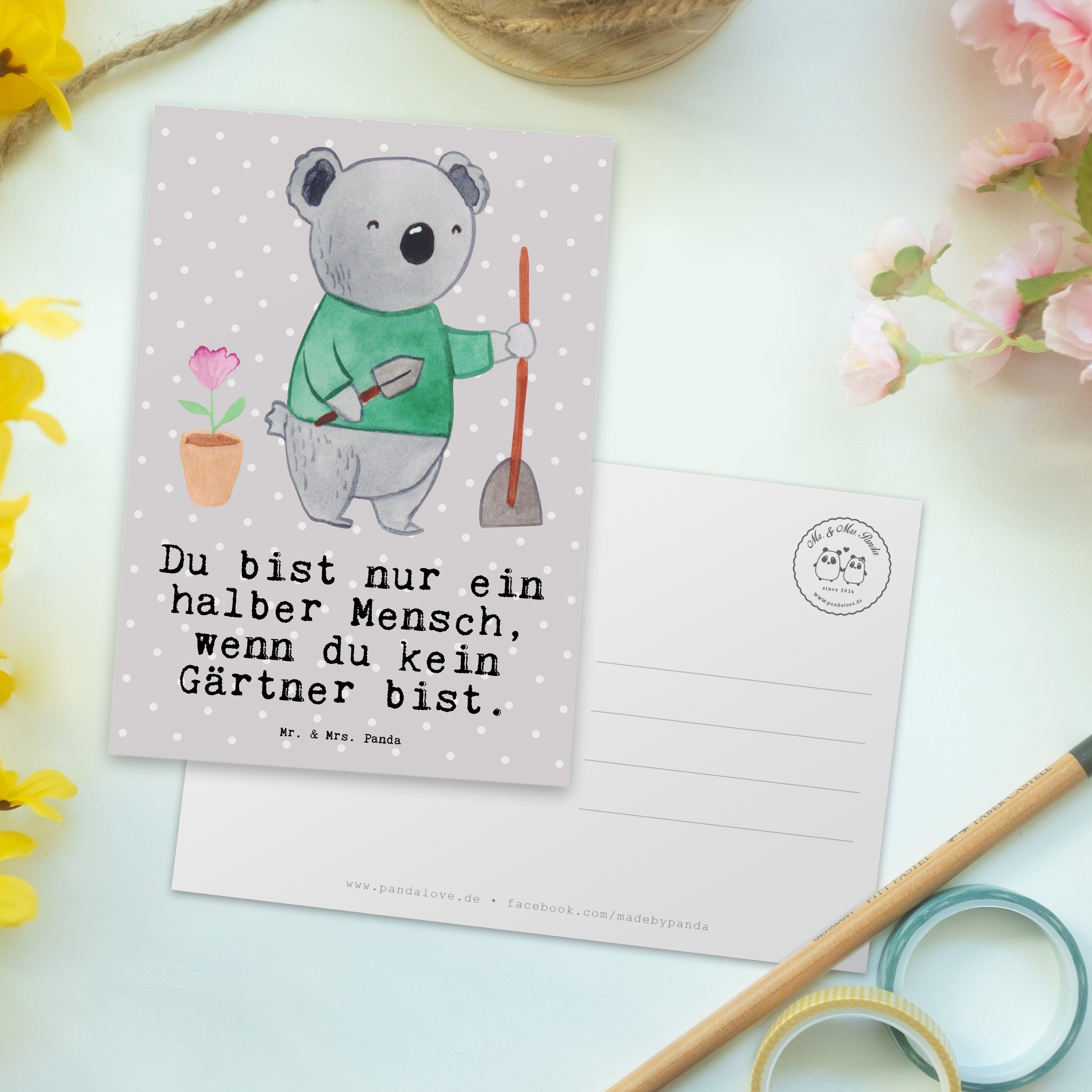 Herz Mr. Gar - & Gärtner Einladung, Postkarte Geschenk, Pastell Panda Grau Mrs. mit Gärtnerei, -