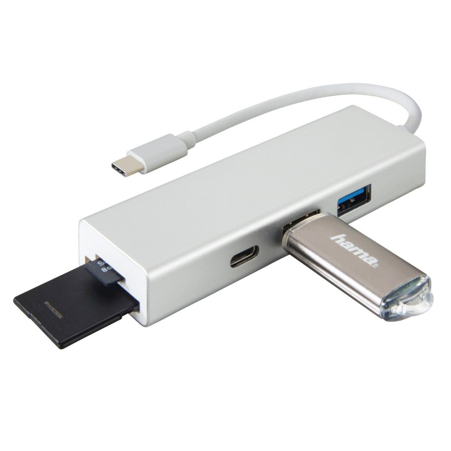 Hama USB-Verteiler USB-C USB-Hub 1:3 Kartenleser USB Adapter, SuperSpeed USB Type-C 3.1, Card-Reader für SD / MicroSD USB-Verteiler