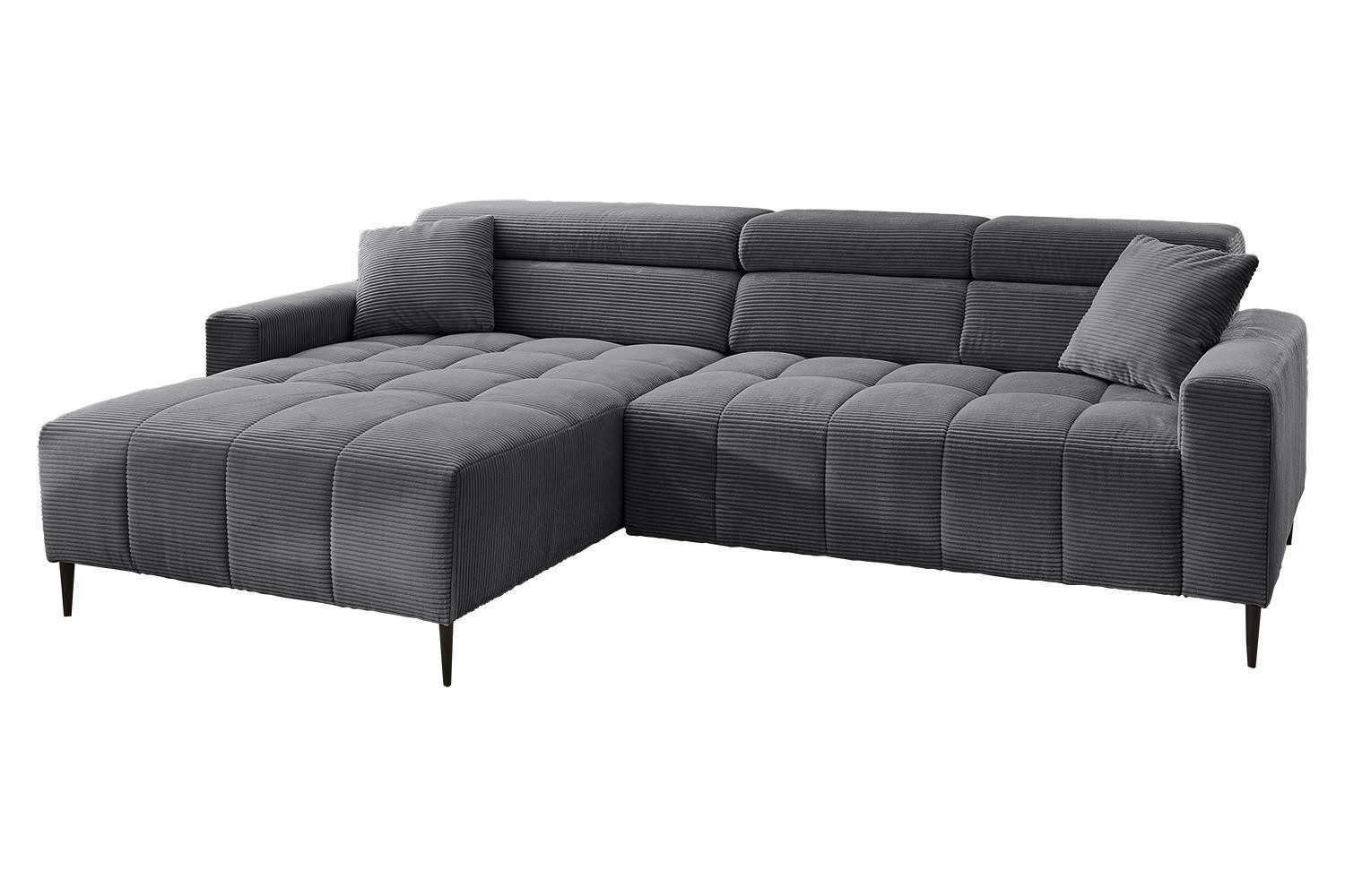 Iwaniccy Ecksofa SIMPLE, Grau, Cord, elektr. Sitztiefenverstellung, Kopfteilverstellung, B 256 x H 78 x T 180 cm