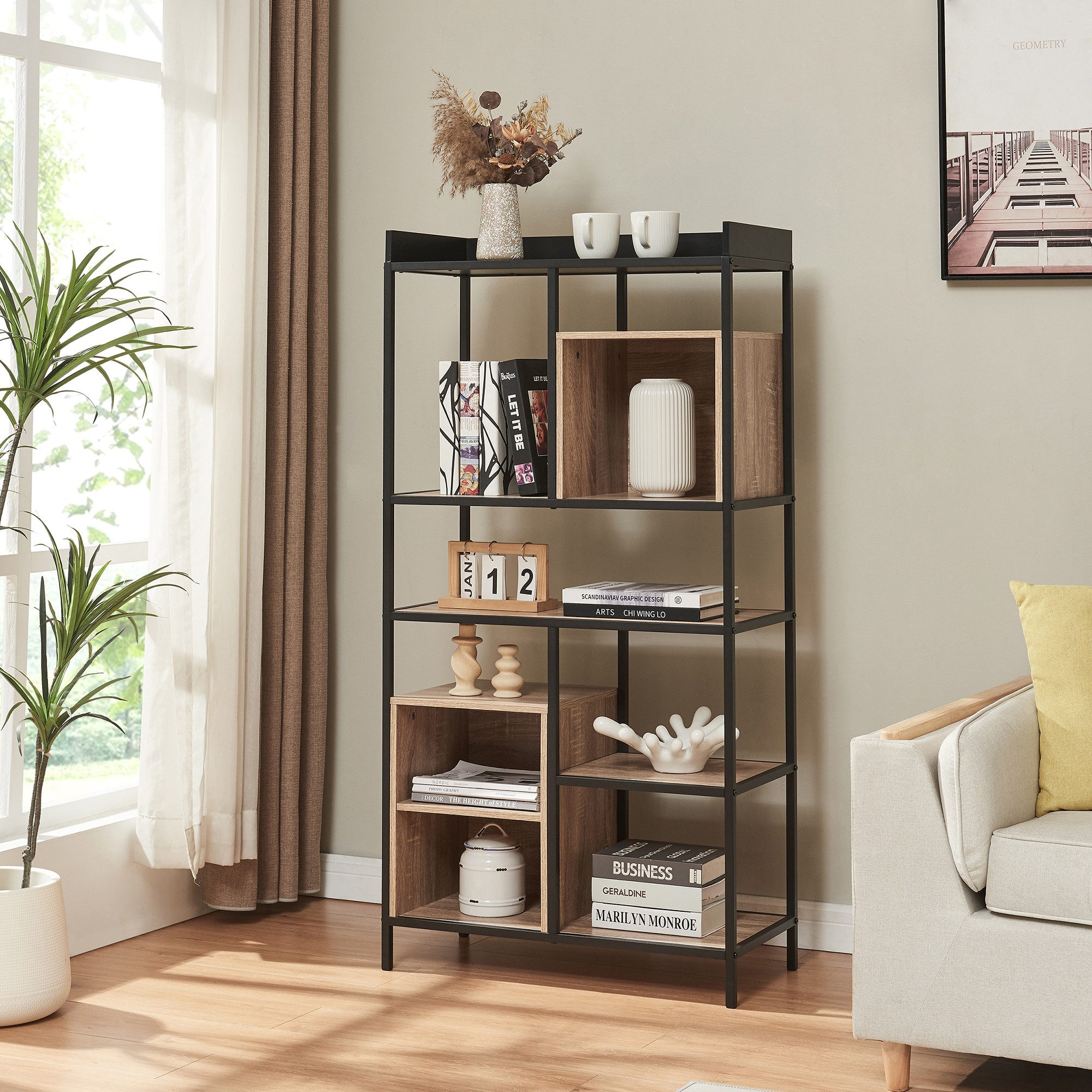 en.casa Standregal, »Belana« 137x70x33 cm Metallgestell Schwarz/Eicheoptik günstig online kaufen