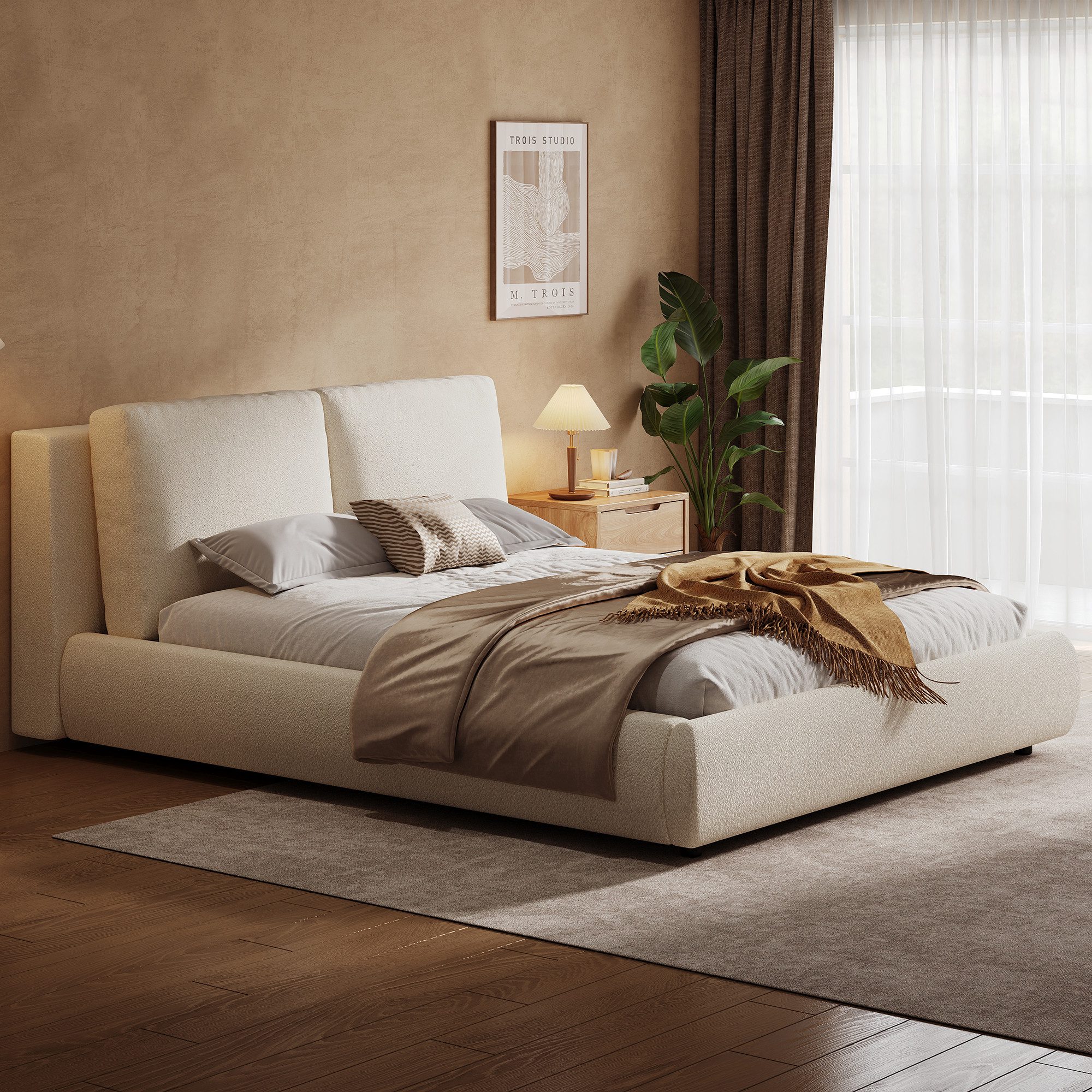 Flieks Polsterbett, Doppelbett 180x200cm mit dickem Kopfteil und Lattenrost, Bouclé