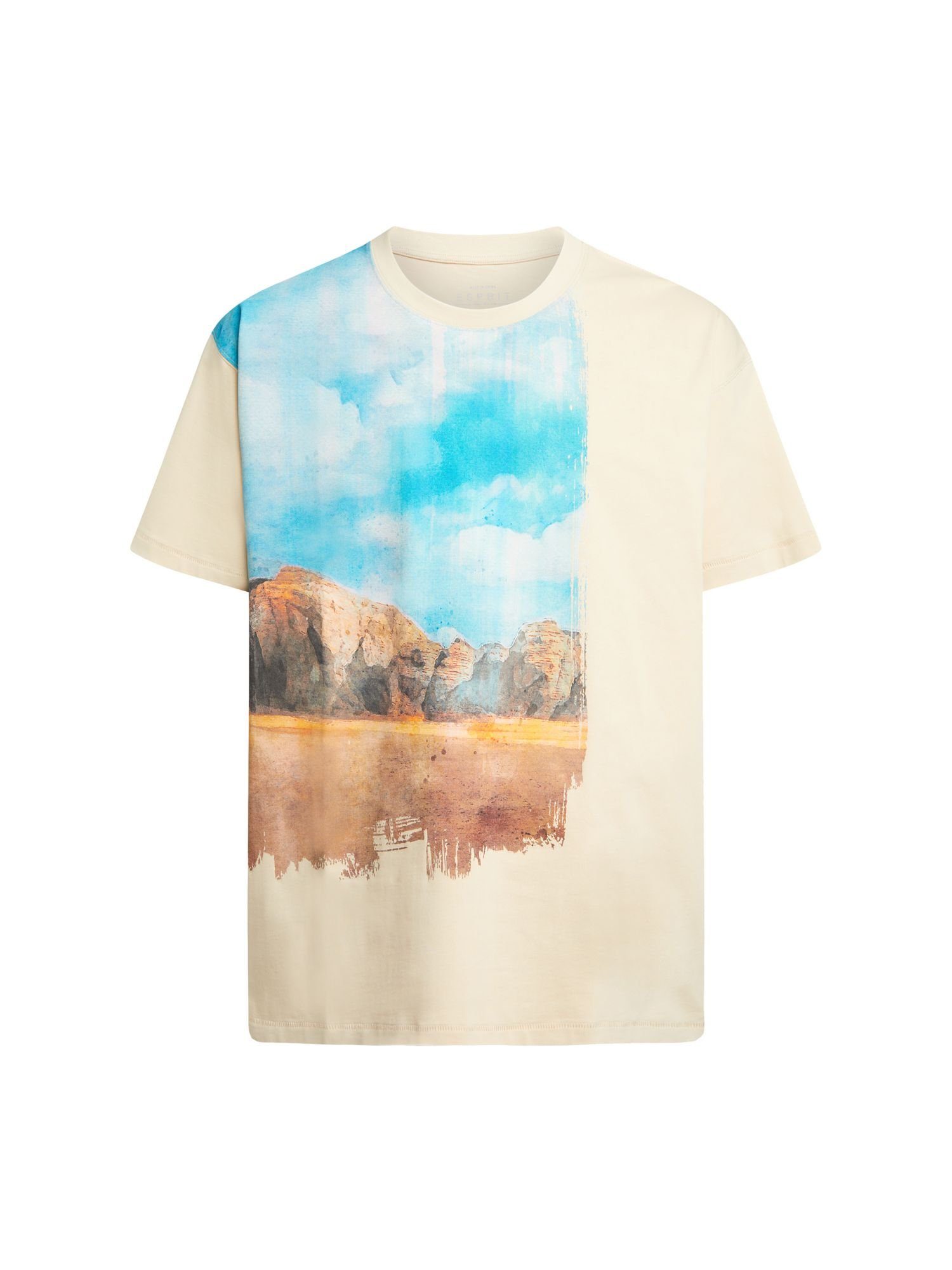 T-Shirt BEIGE Esprit T-Shirt mit (1-tlg) digitalem vorne Landschafts-Print