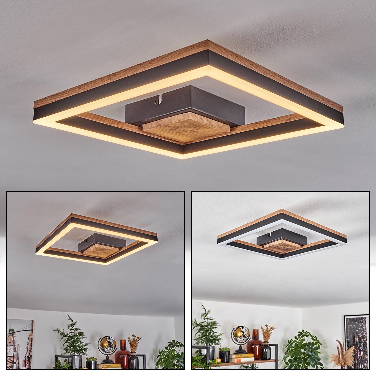 hofstein Deckenleuchte Deckenlampe aus Metall/MDF/Kunststoff in Schwarz/Holzoptik/Weiß, LED wechselbar, 3000 Kelvin, (12 cm x 12 cm), 12 Watt, 1350 Lumen, 3000 Kelvin