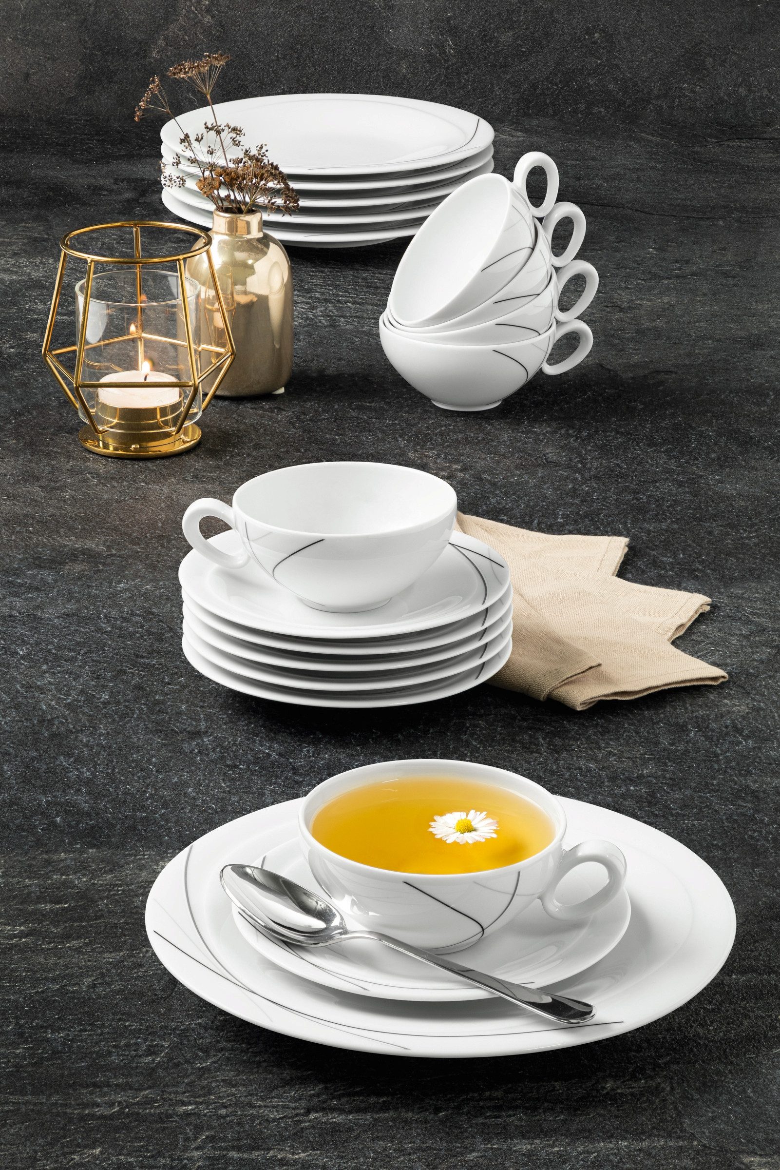 Seltmann Weiden Teeservice Geschirr-Set Trio Highline (18-tlg), 6 Personen, Porzellan, Tassen, Teller, Untertassen, Made in Germany, 18 Teile, für 6 Personen