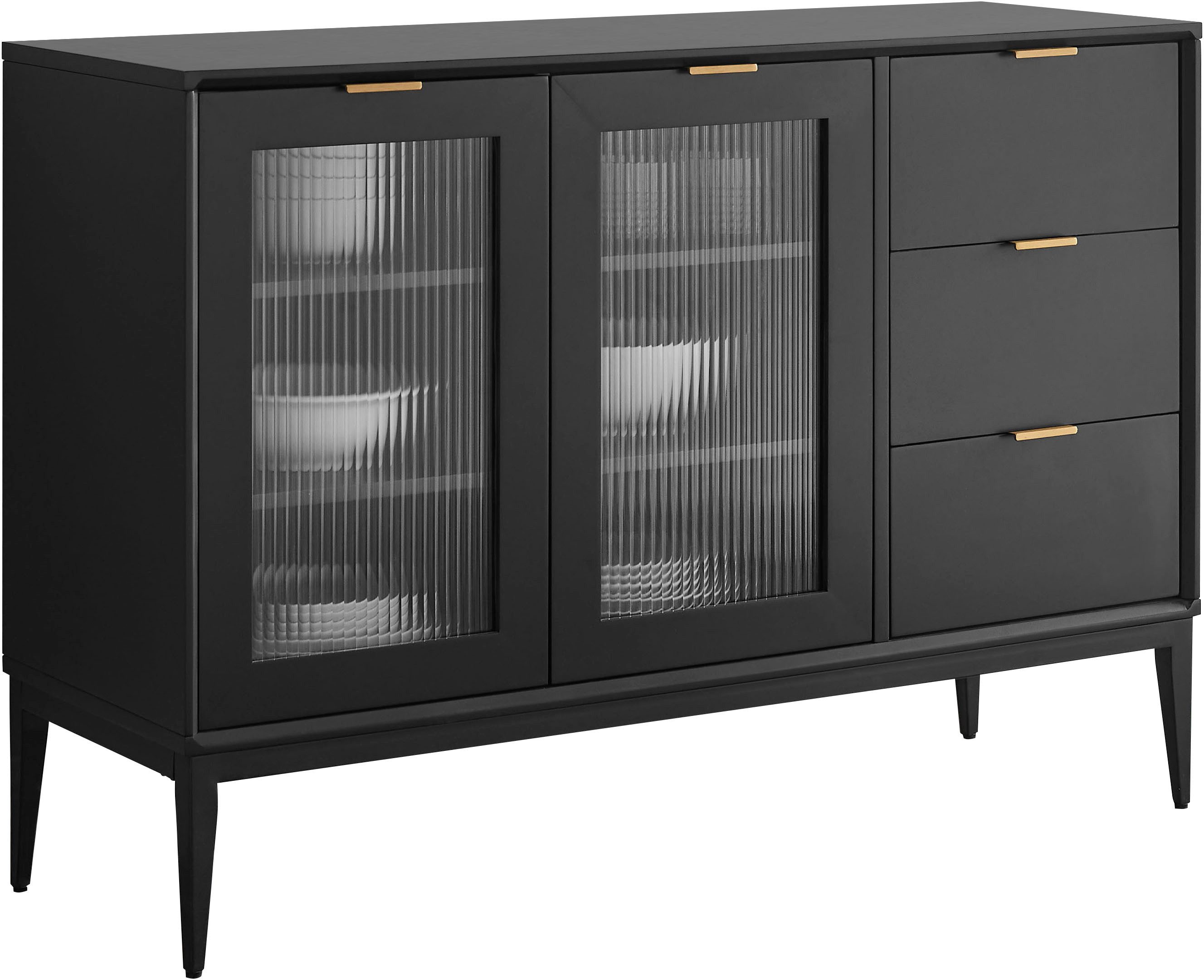 Leonique Sideboard Lavisha, FSC-zertifiziertes Holz kombiniert Melamin, verchromten Metallgriffen