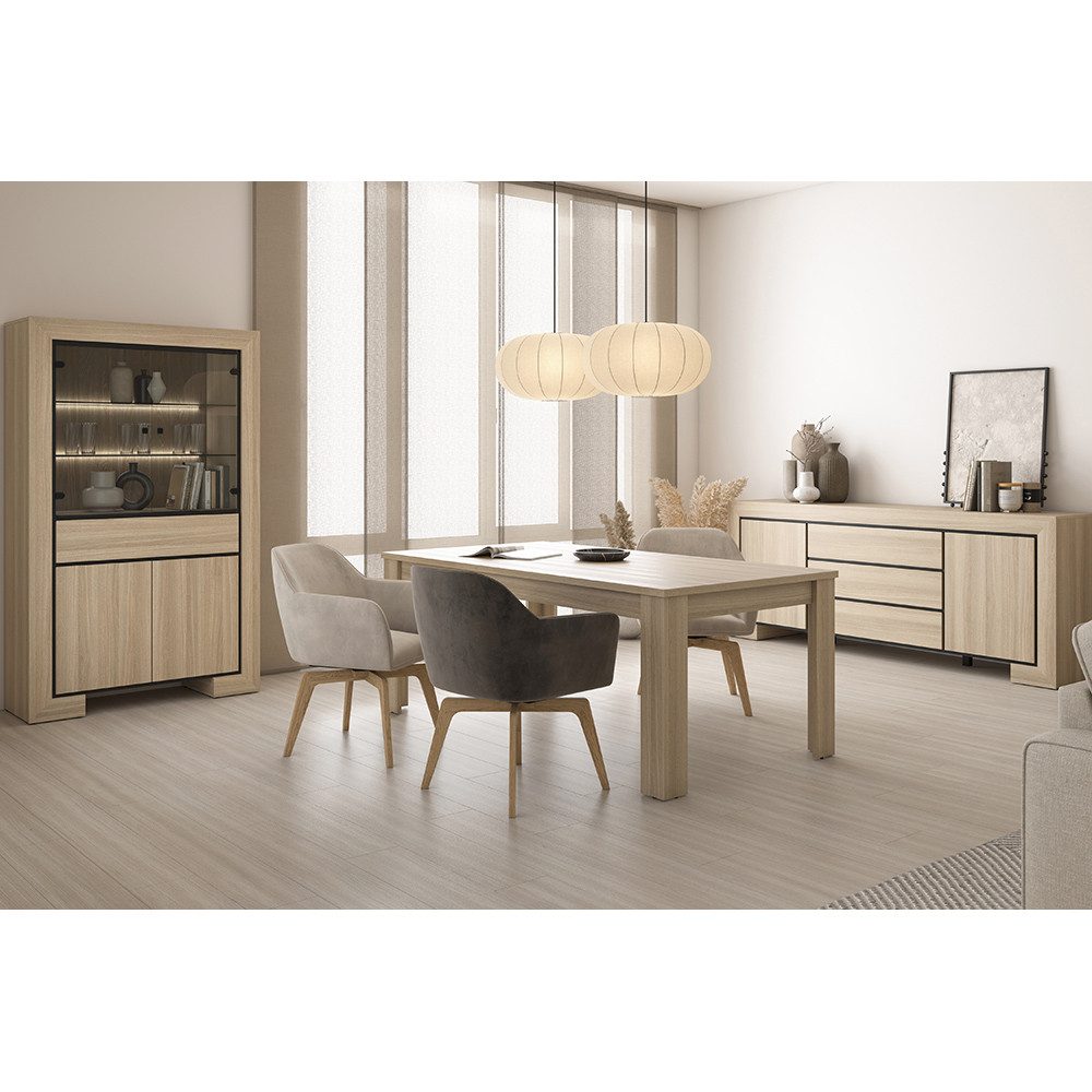 Lomadox Esszimmer-Set CERIALE-83, (Spar-Set, 3-St., Esstisch Sideboard Vitrine), in Eiche, inkl. LED-Beleuchtung, grifflos, modern