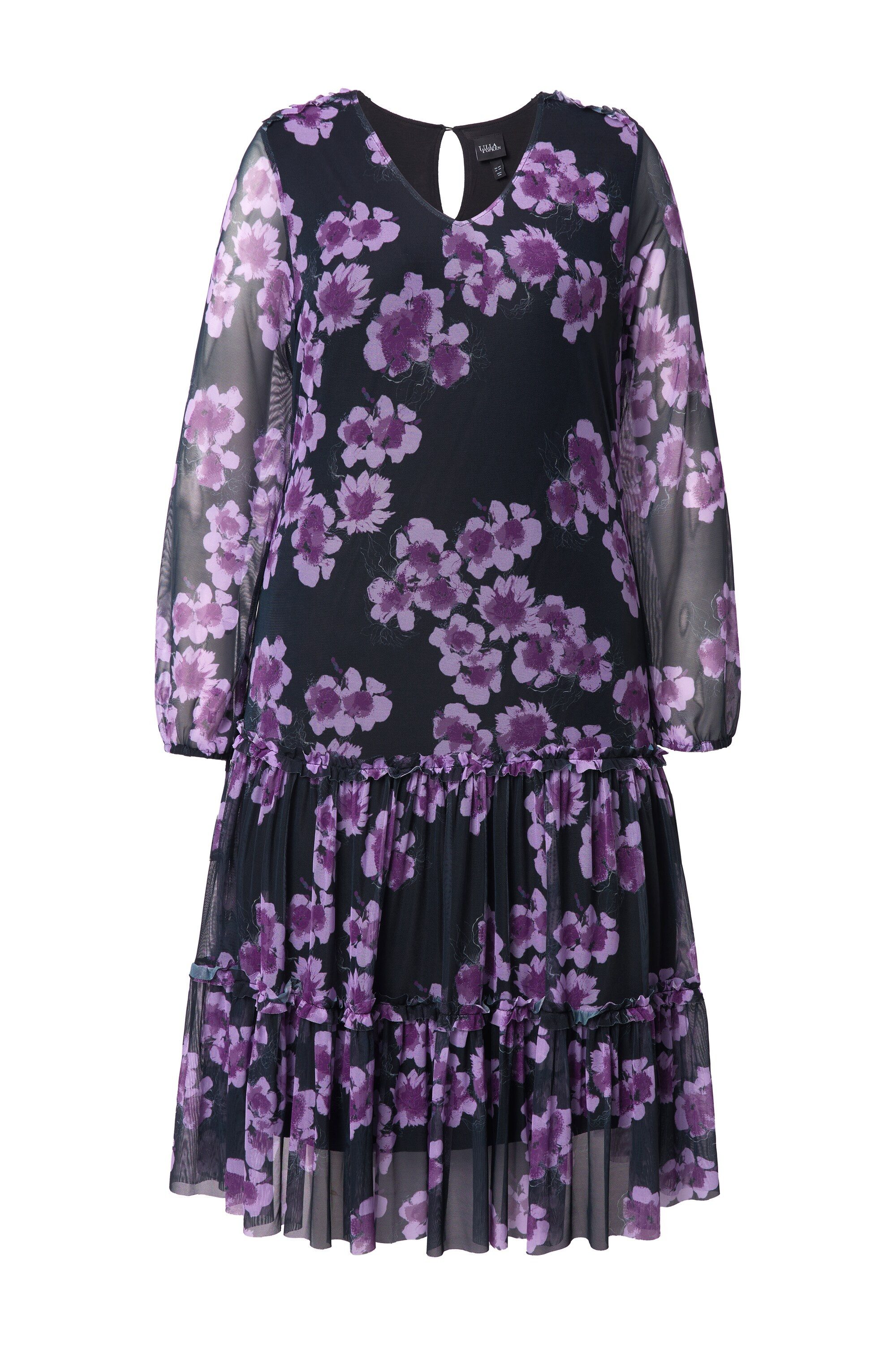 Ulla Popken Jerseykleid Midikleid doppellagig Blumen V-Ausschnitt Langarm günstig online kaufen