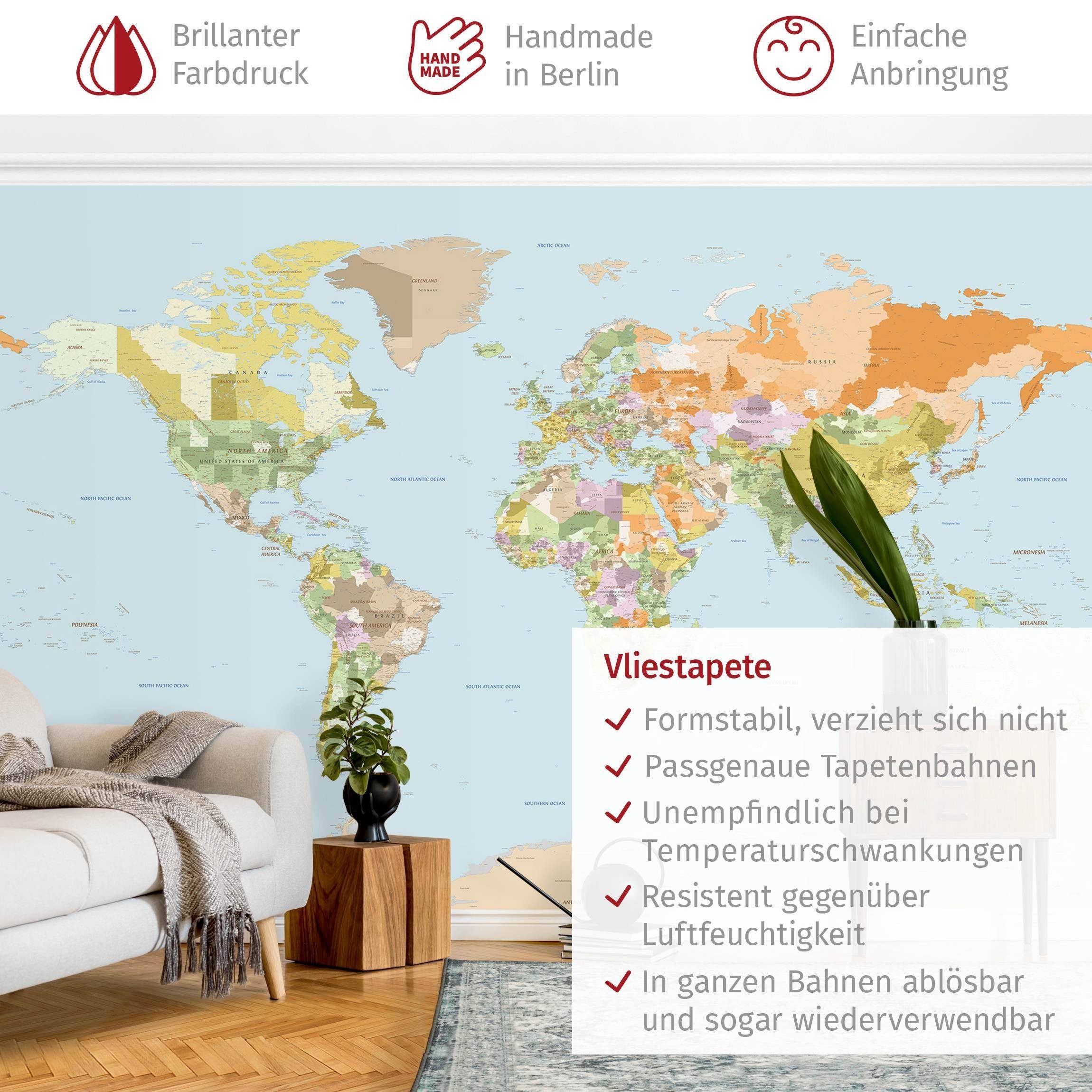 Bilderdepot24 Fototapete Weltkarte Politische Weltkarte Modern Wanddeko XXL, Glatt, Matt, (Vliestapete inkl. Kleister oder selbstklebend), Wohnzimmer Schlafzimmer Küche Flur Motivtapete Vliestapete Wandtapete