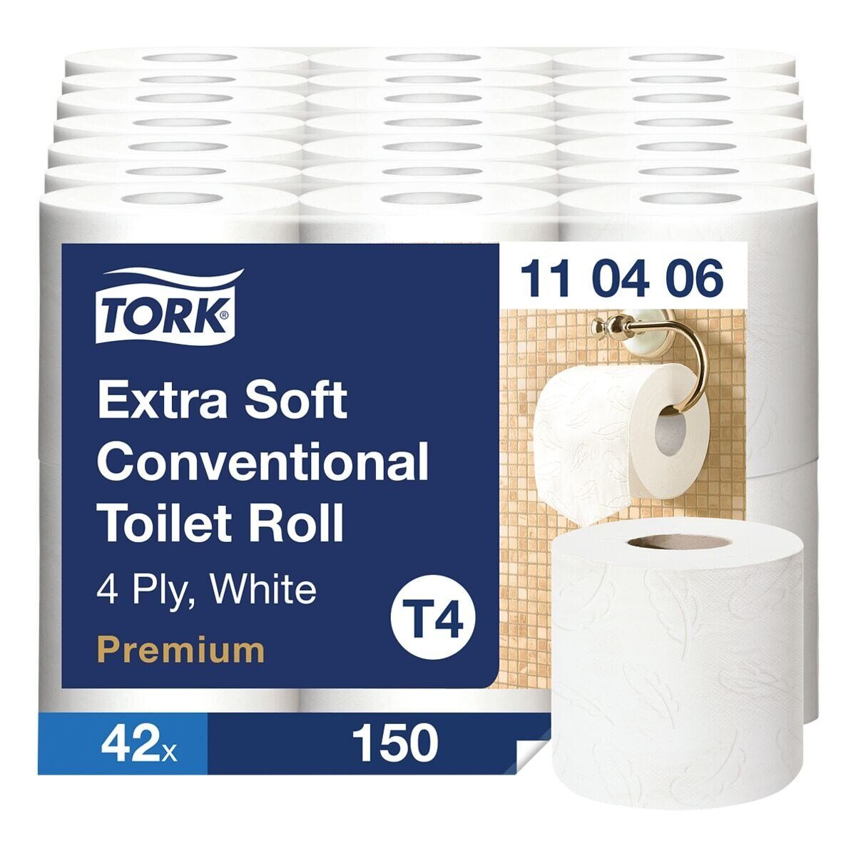 TORK Toilettenpapier Premium Extra Soft (42-St), 4-lagig, weiß mit Federprägung, 153 Blatt/Rolle