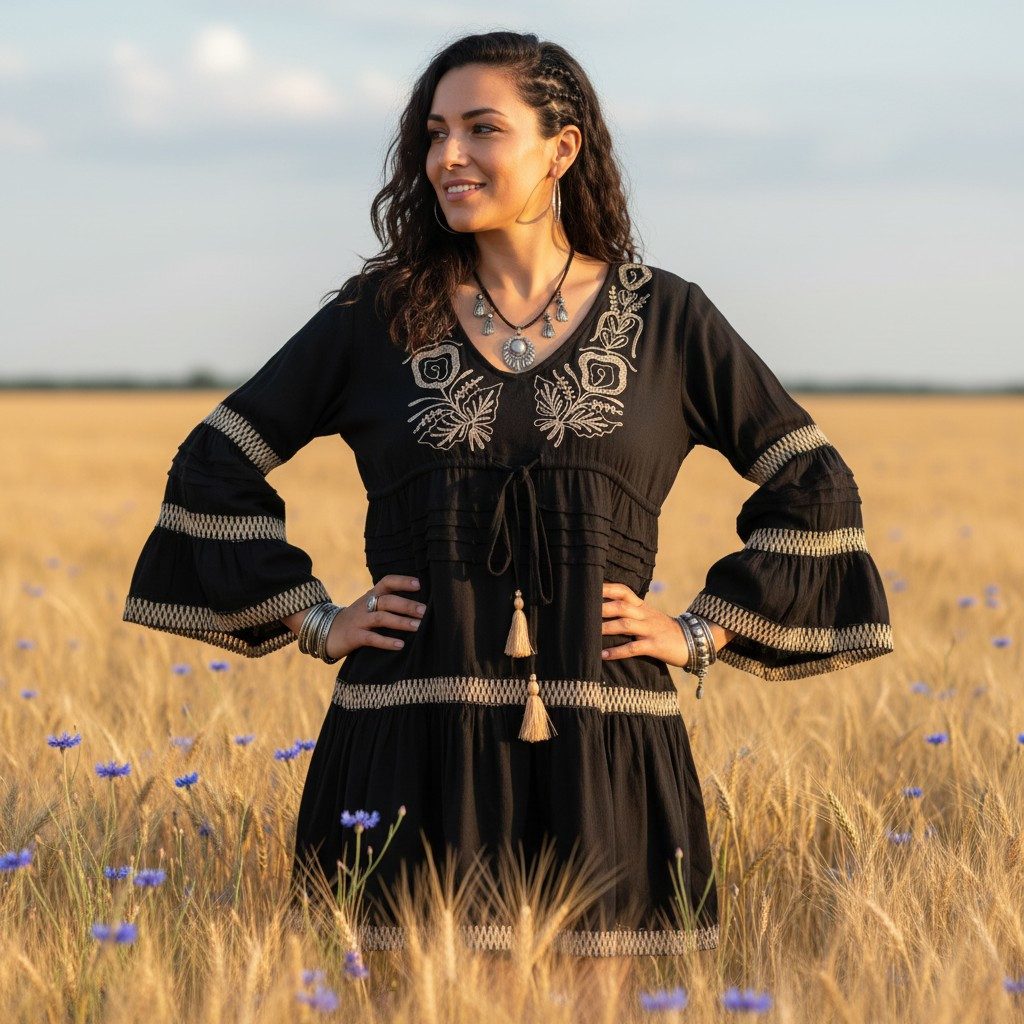 Guru-Shop Longbluse Boho Krinkelbluse, bestickte Hippie Tunika -.. alternative Bekleidung