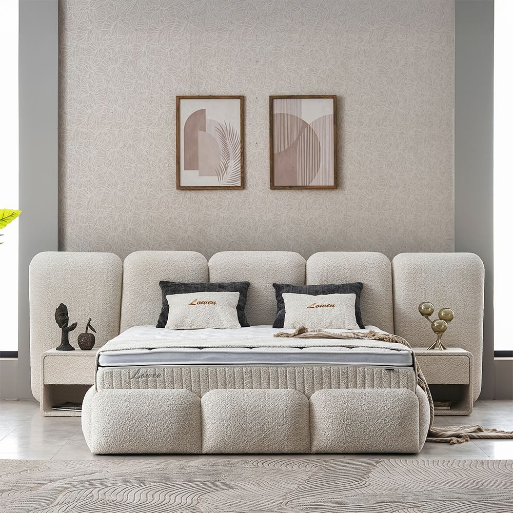 abc bedding Boxspringbett Komfortbett LOWEN im stilvollen beige bouclé Stoffdesign, Voll-orthopädisches Schlafsystem inklusive Bettkasten