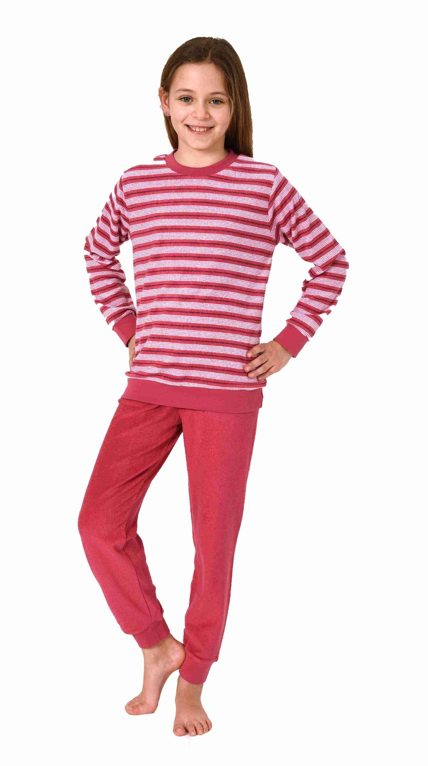 Normann Pyjama Kuscheliger Mädchen mit Schlafanzug Frottee Bündchen pink langarm