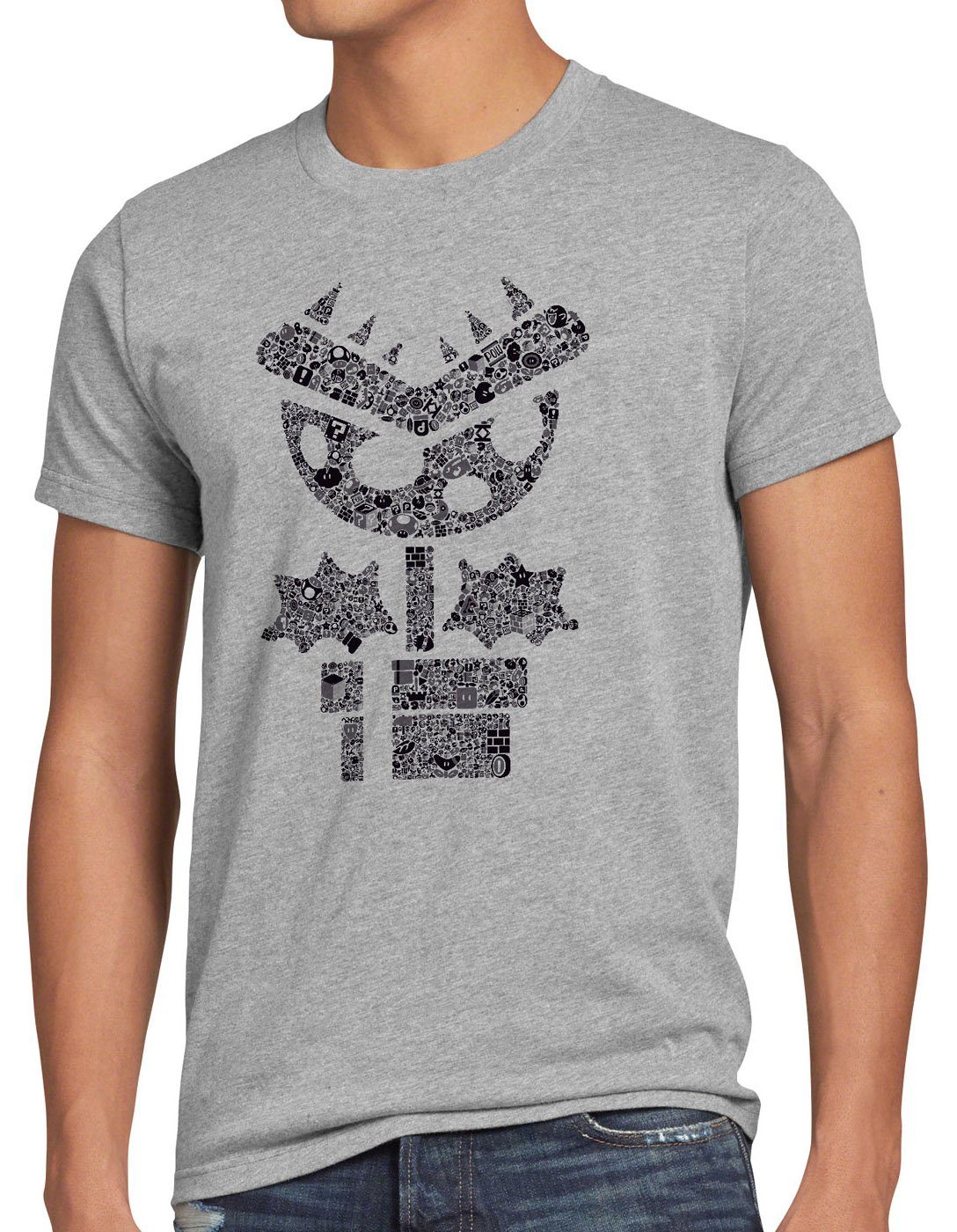 style3 Print-Shirt Herren T-Shirt Super Piranha mario videospiel gamer world game boy nes snes wii grau meliert