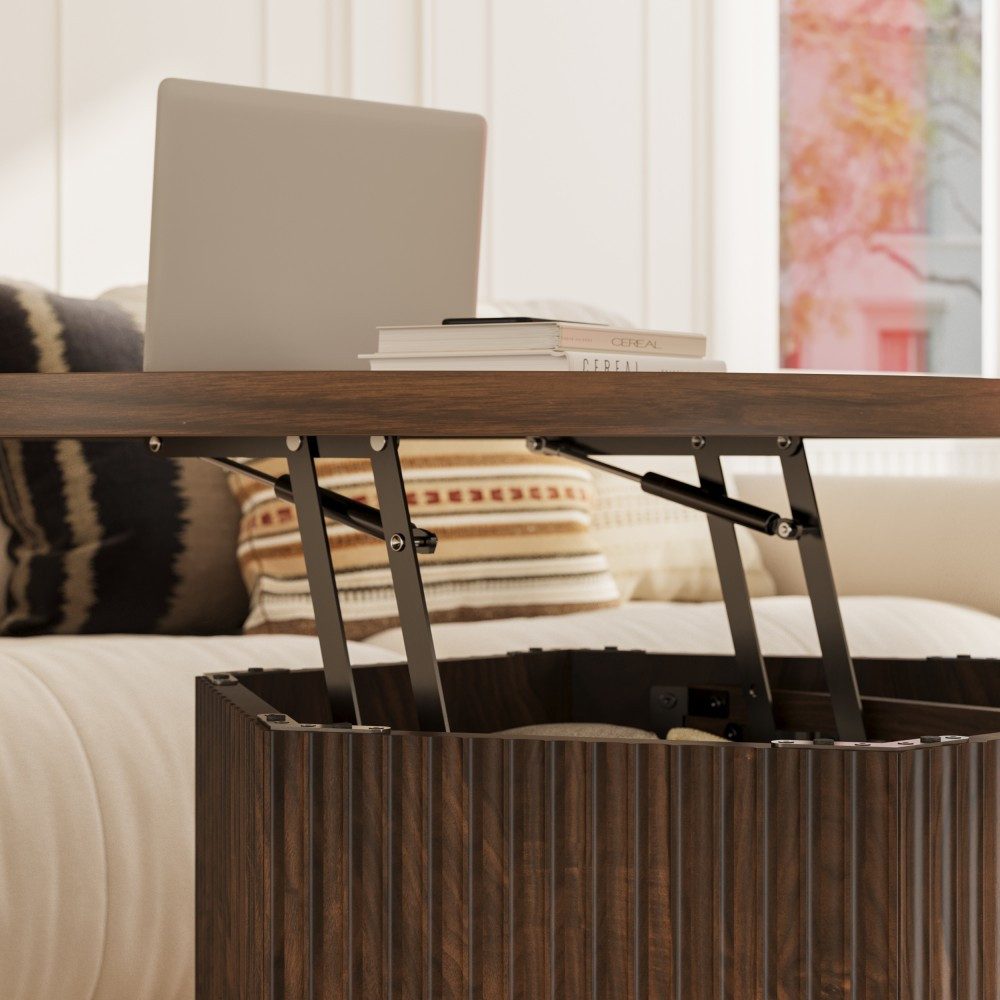 FABATO Couchtisch rund Ø 80 cm mit Liftfunktion, höhenverstellbar 50–61 cm (1-St), versteckter Stauraum und Trommelsockel in 3D-Rillenoptik, Dunkelbraun – Bild 5 von 5