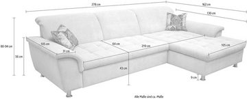 DOMO collection Ecksofa Franzi Steppung im Sitzbereich B7T/H: 278/162/80 cm, Schlafsofa L-Form, wahlweise mit Bettfunktion, Bettkasten und Kopfteilverstellung