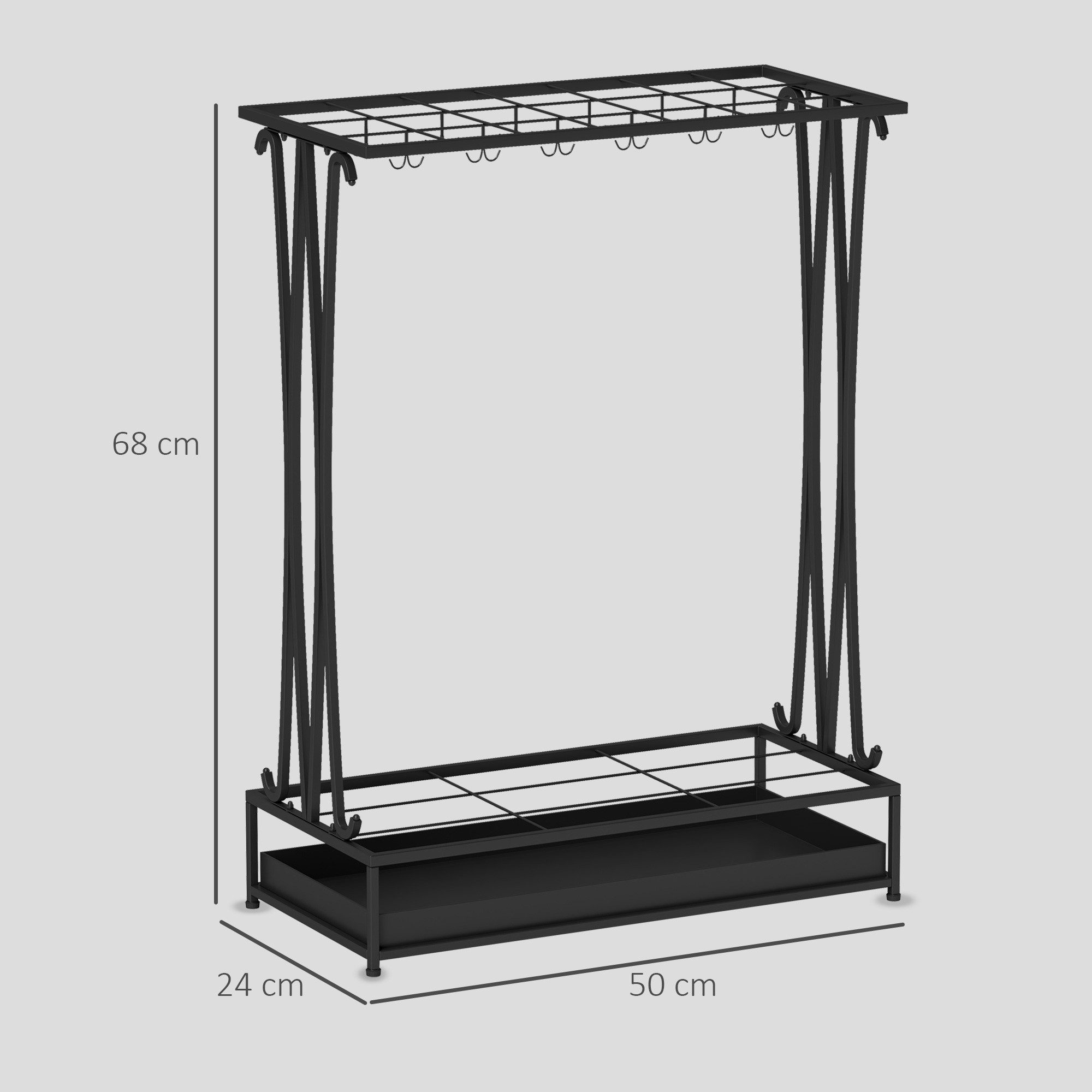 HOMCOM Schirmständer Regenschirmständer Stahl mit 24 Haken, 21 Löchern (Rechteckiger Schirmhalter, 1 St., Regenschirmständer Stahl), für Gehstöcke & Regenschirme 50 x 24 x 68 cm Schwarz