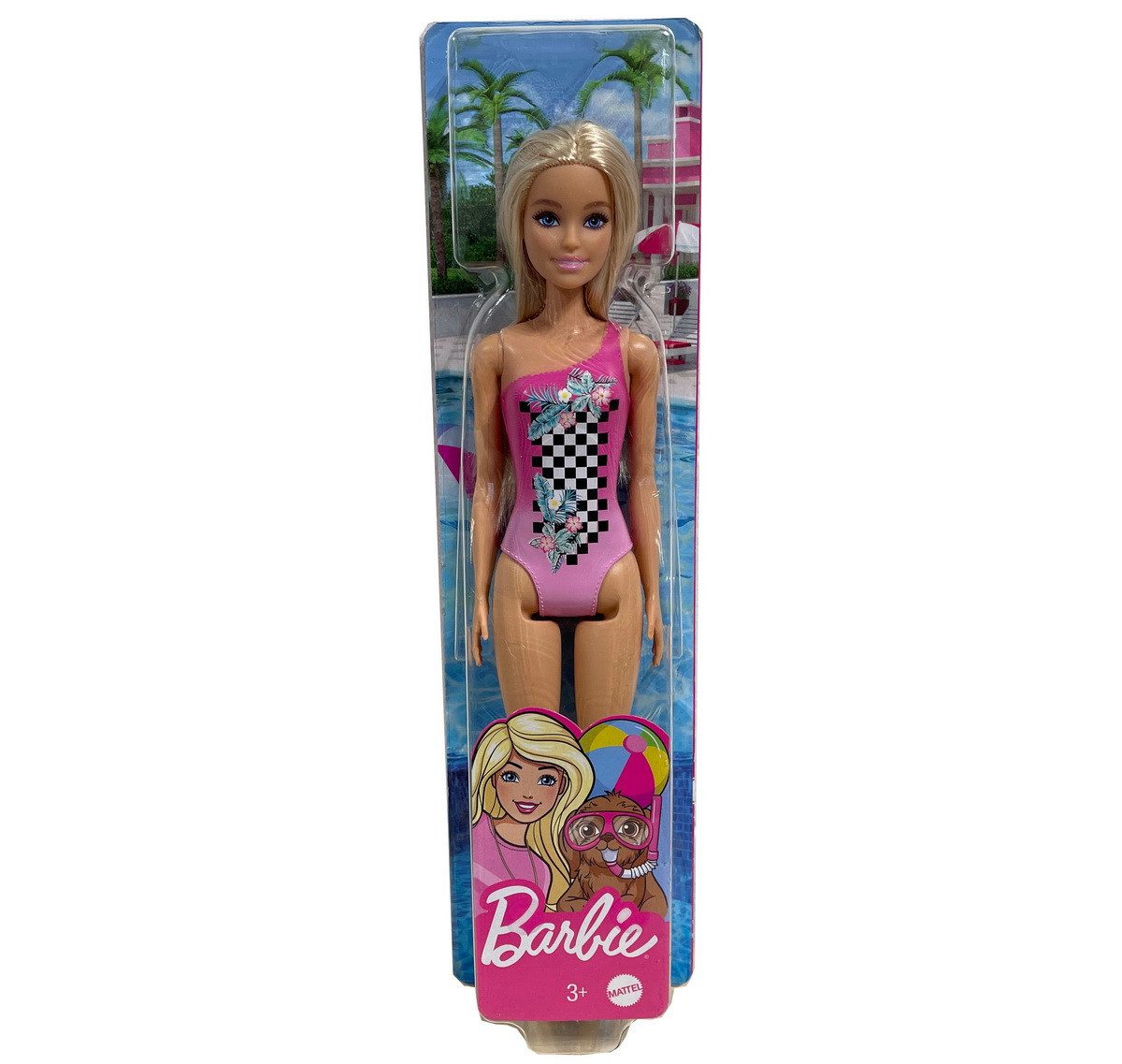 Barbie Anziehpuppe Barbie Beach Puppe Strandpuppe Modepuppe (Spielpuppe, mit rosa-pinkem Badeanzug), bewegliche Arme und Beine