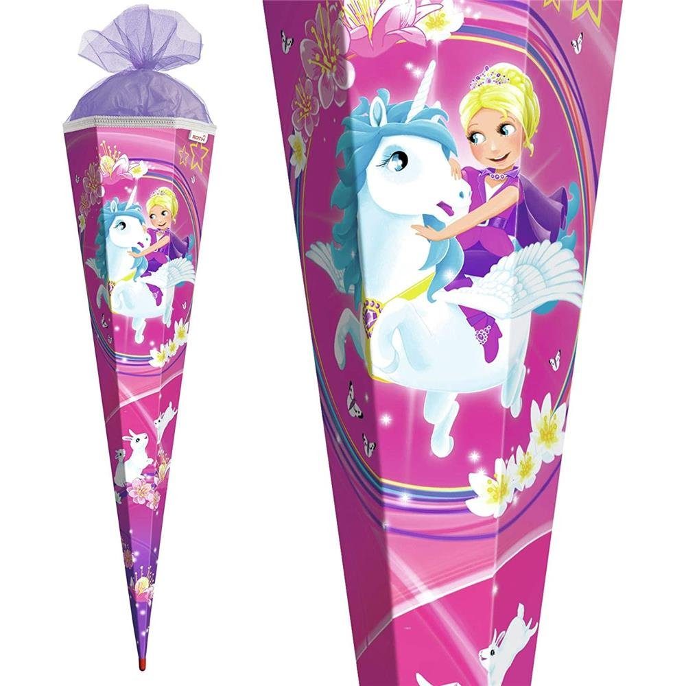 Roth Schultüte Kuscheleinhorn, 85 cm, eckig, mit lilafarbigem Tüllverschluss, Rot(h)-Spitze