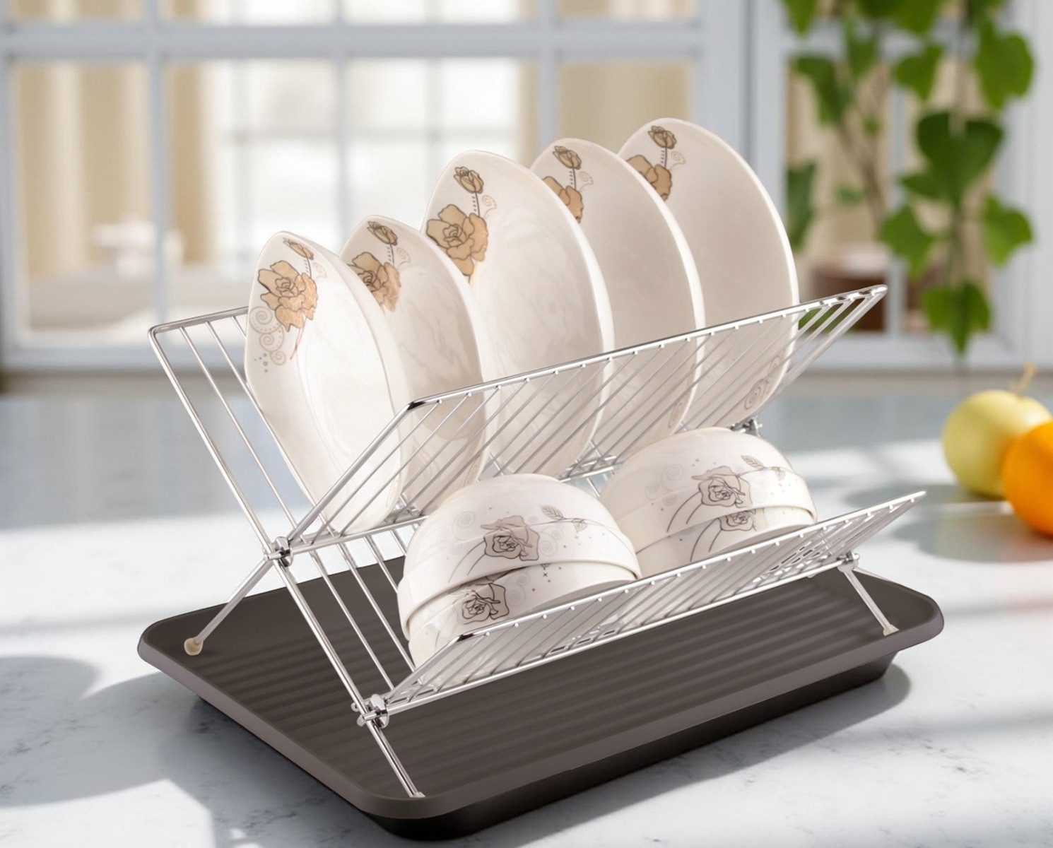 Cheffinger Geschirrständer mit Tropfschale - Abstropfgestell 2 Ebenen, klappbar & kompakt, 37 x 27 x 26 cm