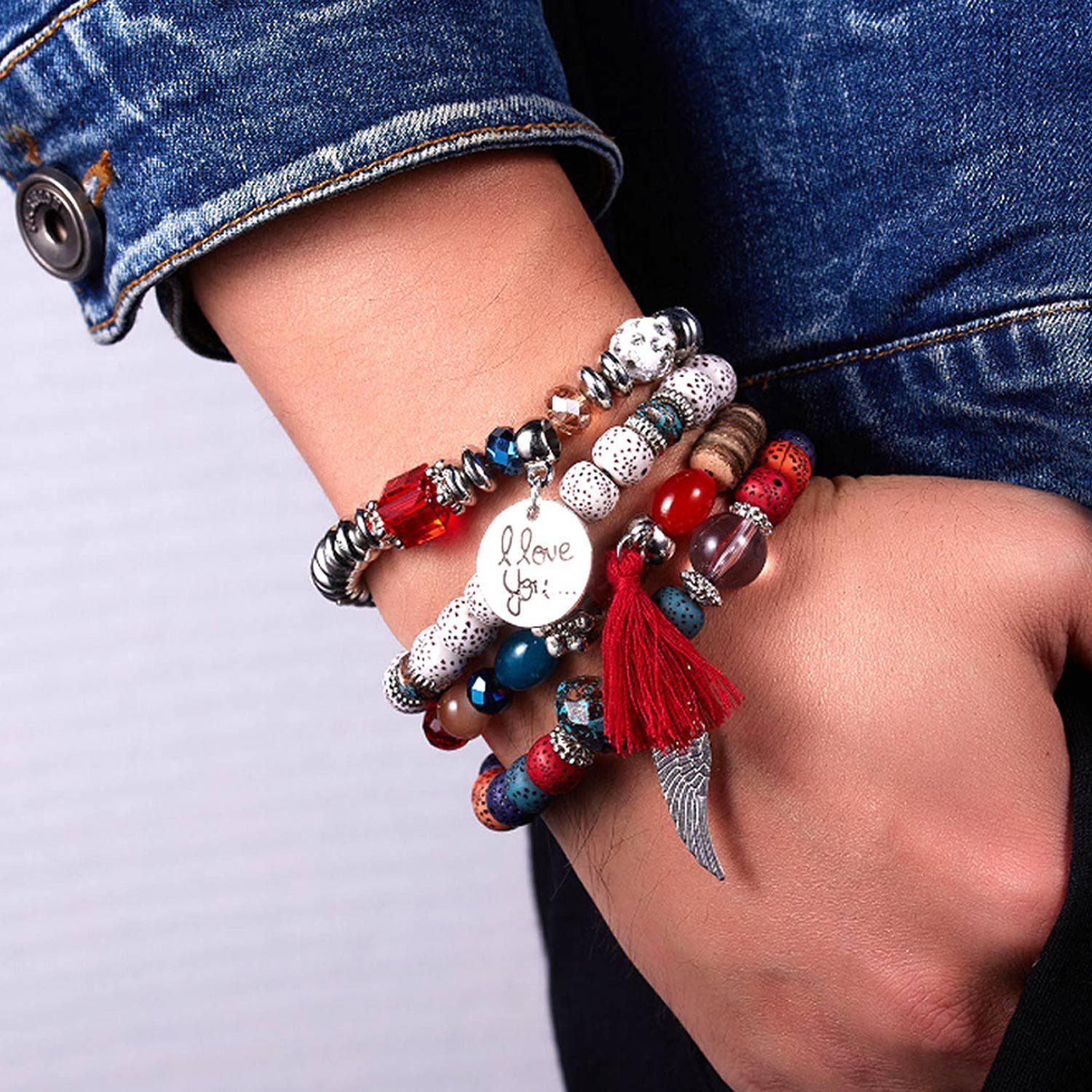 Türkis MAGICSHE Mehrschichtiges Armband Armband, Stil Quaste Set Frauen Anhänger Armbänder, rot Stretch von und Männer 4-teiliges Flügel