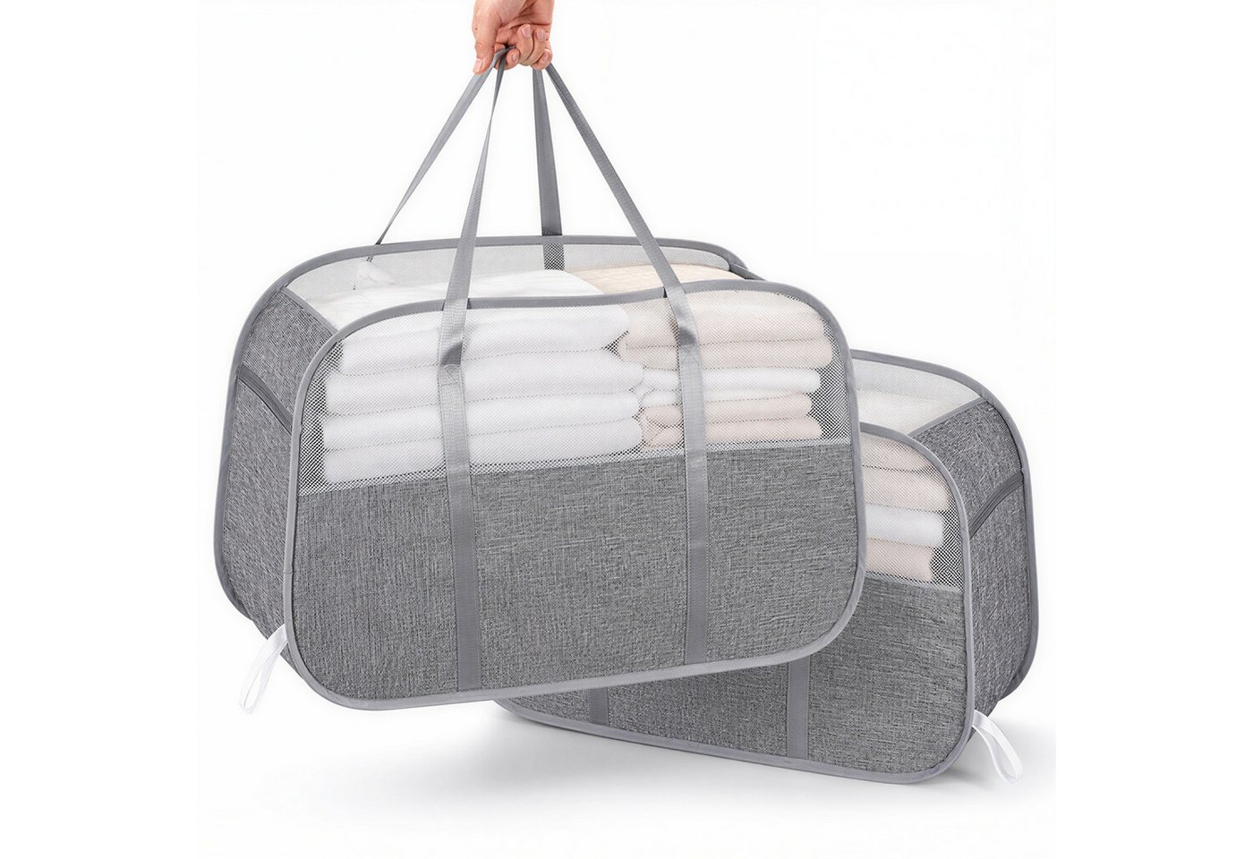 BlingBin Wäschekorb 2 Stück Faltbarer Wäschetonne, Atmungsaktiver Wabennetz-Wäschekörbe (2 Stück, 2 St., 45 × 68 × 31 cm, 95L Aufbewahrungskorb), Platzsparender Wäschesammler mit Griff, für Camping Und Reisen
