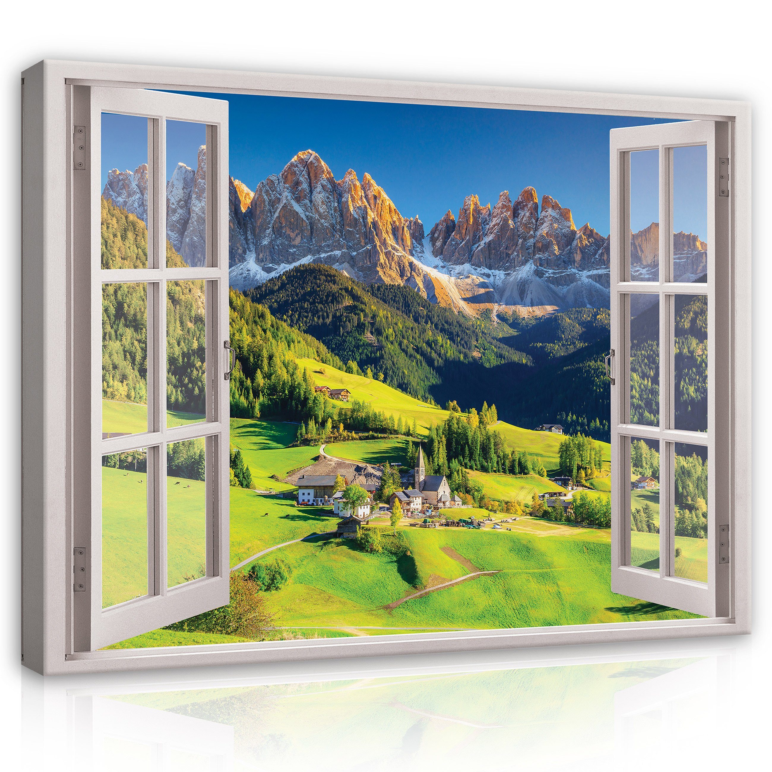 Alpen Wandbilder Modern Wandbild Groß (Einteilig), Bilder Berge Landschaft Aufhängefertig Fensterblick Fenster Natur XXL Wohnzimmer Schlafzimmer, Wald Wallarena Kunstdruck Leinwandbild für Leinwandbilder Canvas Bild Leinwand Auf