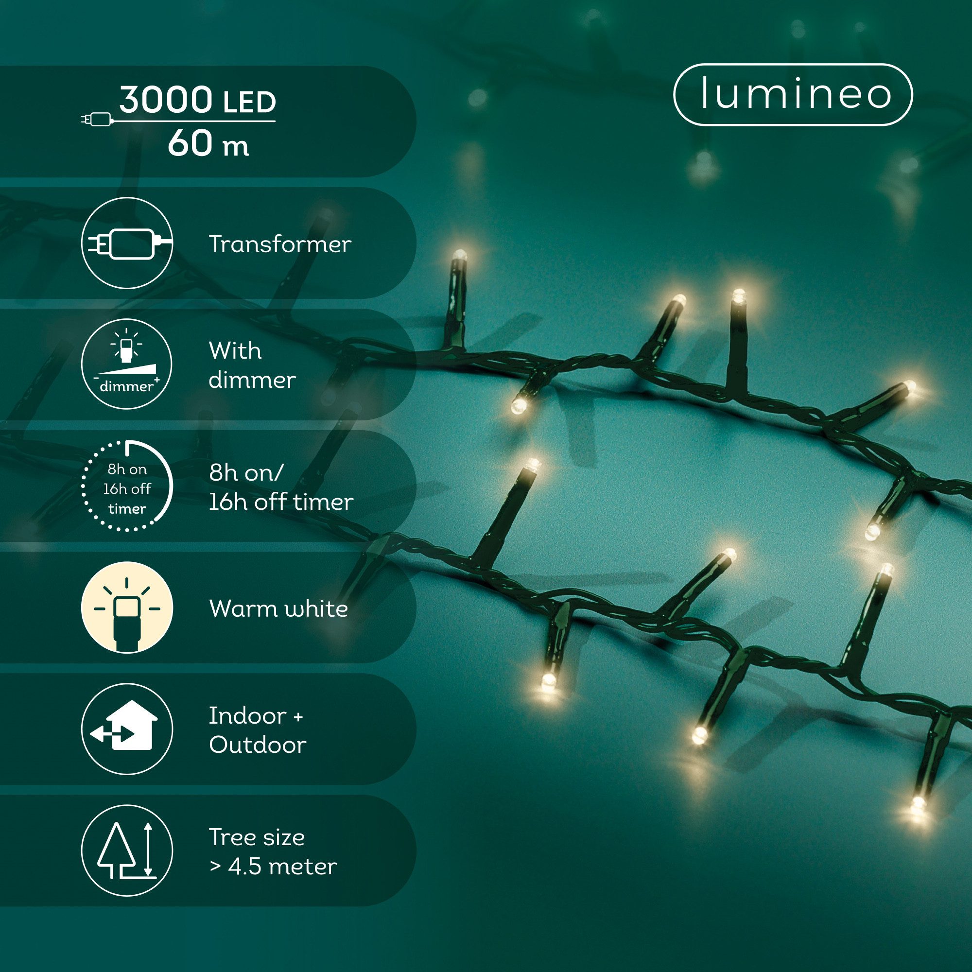 Lumineo LED-Lichterkette Lumineo Lichterkette COMPACT 3000 LED 60 m warm weiß, grünes Kabel, Indoor/Outdoor, dimmbar, 8h-Timer, 5 m Zuleitung – Bild 2 von 5