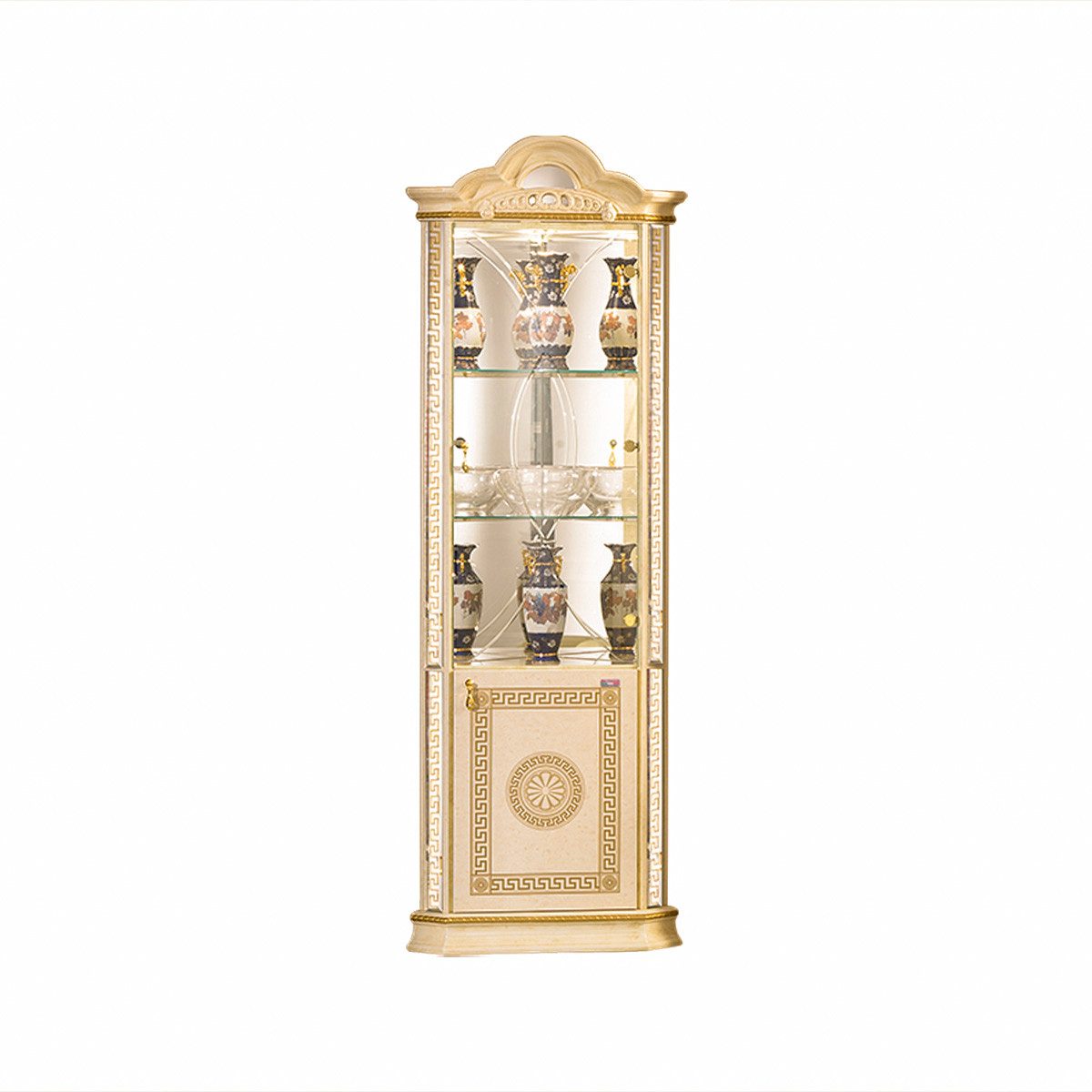 Interdesign24 Eckvitrine Venus (2-Türig, im Barock-Stil, mit Goldverzierungen) in Beige/Gold Hochglanz