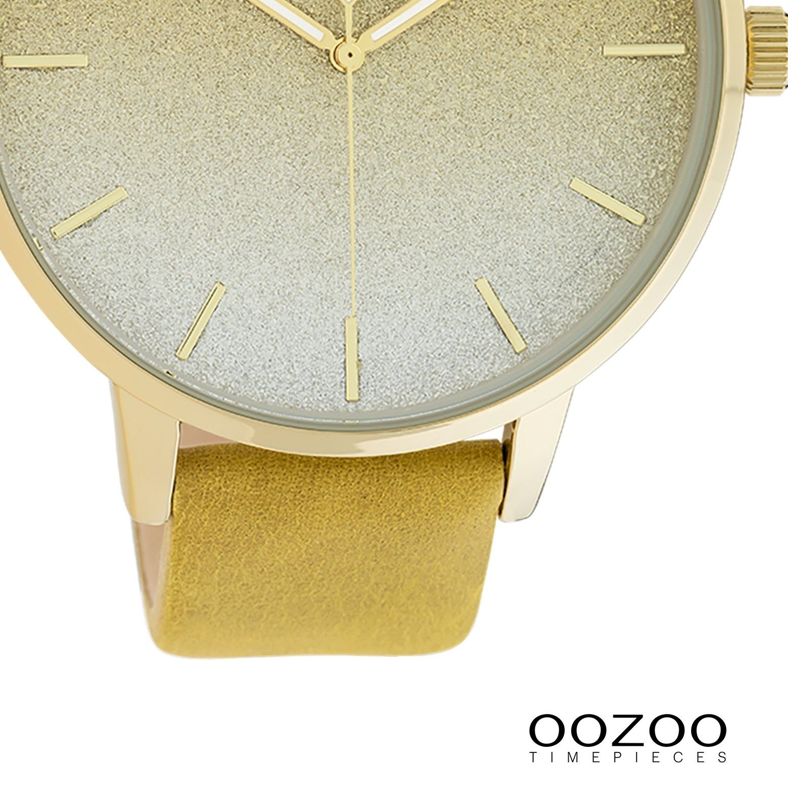 OOZOO Quarzuhr Oozoo Damen Armbanduhr OOZOO Timepieces, (Analoguhr), Damenuhr rund, extra groß (ca. 48mm), Lederarmband gelb, Fashion