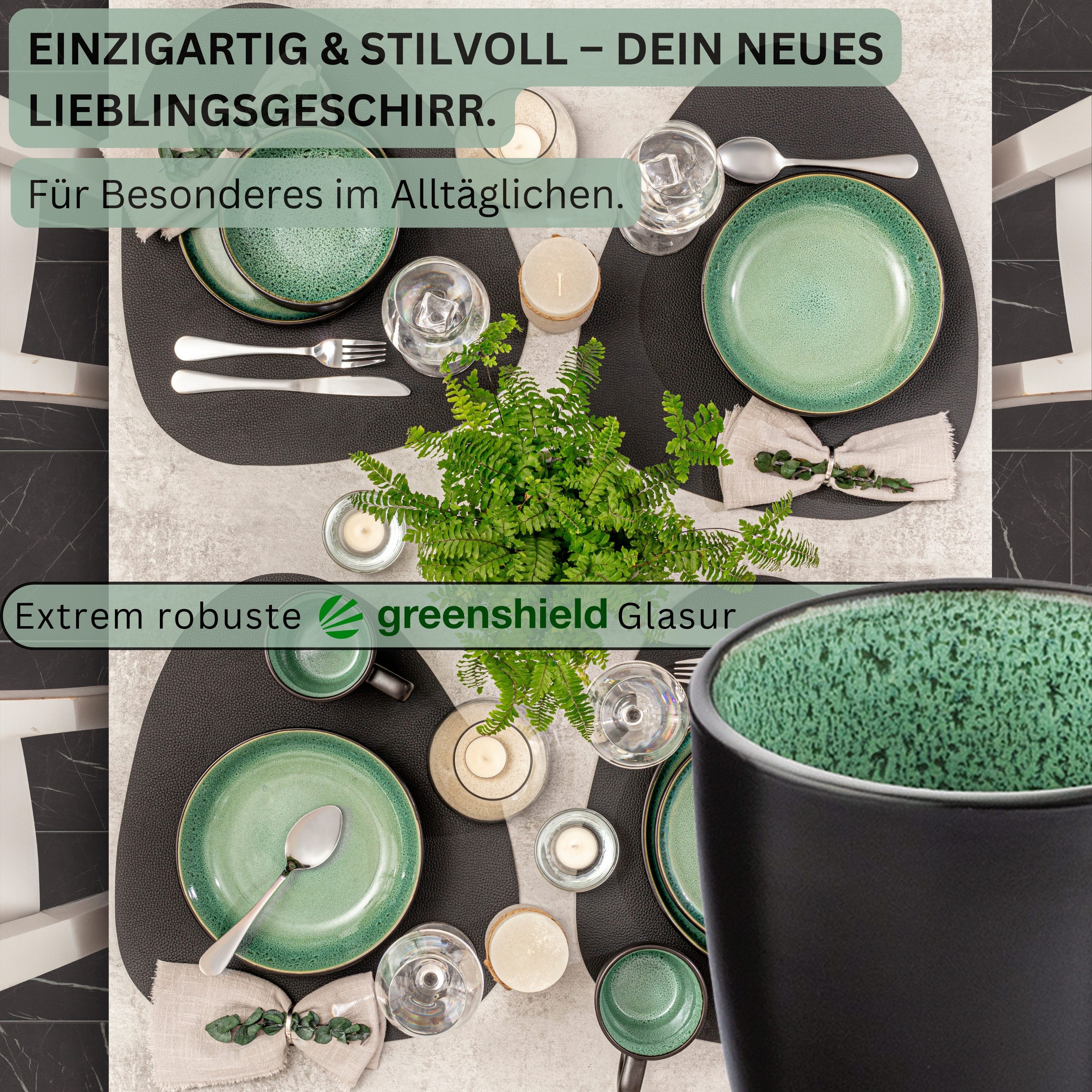 SÄNGER Becher Greenwich Grün Schwarz, 6-tlg., Steingut, 6 tlg. Kaffeebecher Set, 430 ml, VALUE COLLECTION