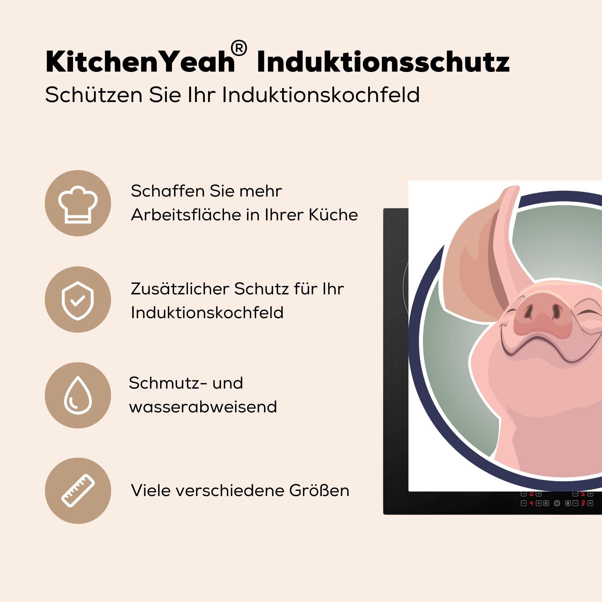 MuchoWow Illustration Herdblende-/Abdeckplatte Arbeitsplatte tlg), - küche cm, Schweine (1 Vinyl, - 78x78 für Fröhlich, Ceranfeldabdeckung,