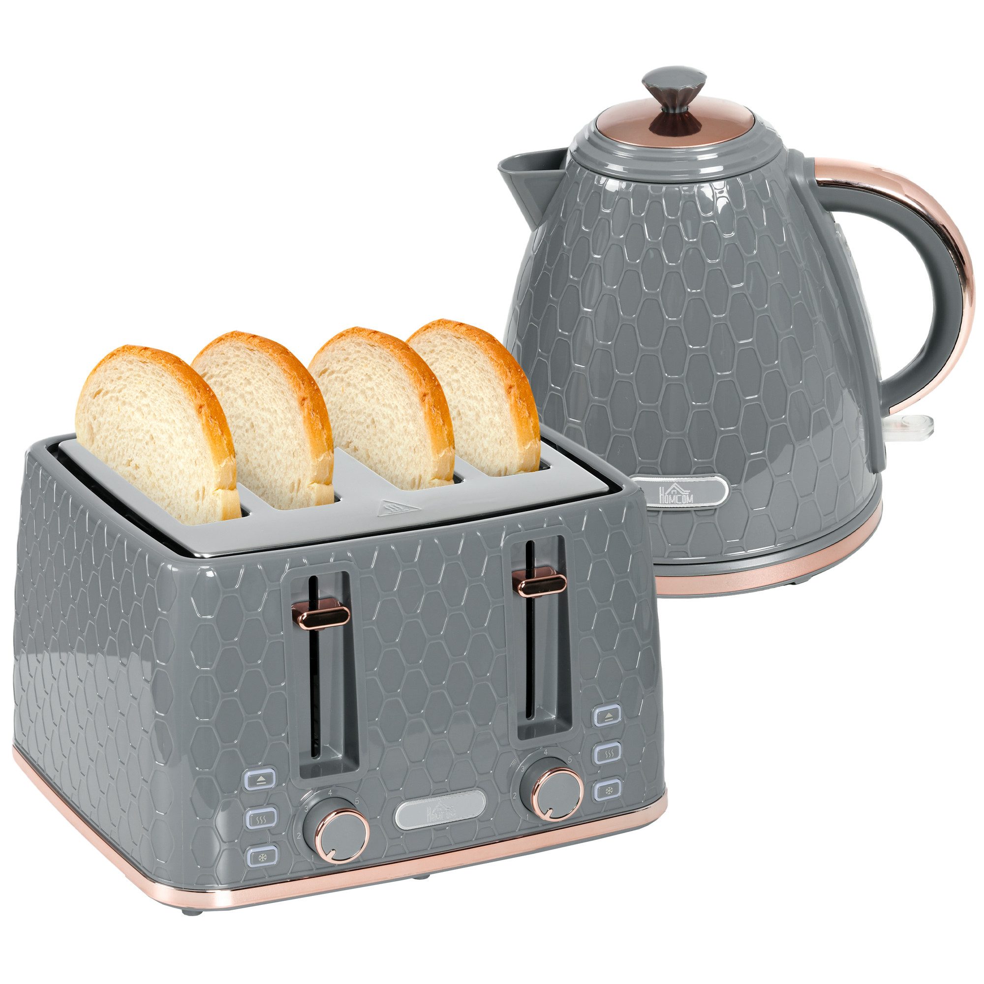 HOMCOM Toaster Kocher--Set, 4 Schlitze, für 4 Scheiben, 2200 W, mit automatischer Abschaltung, Auftau- & Aufwärmfunktion, Beige