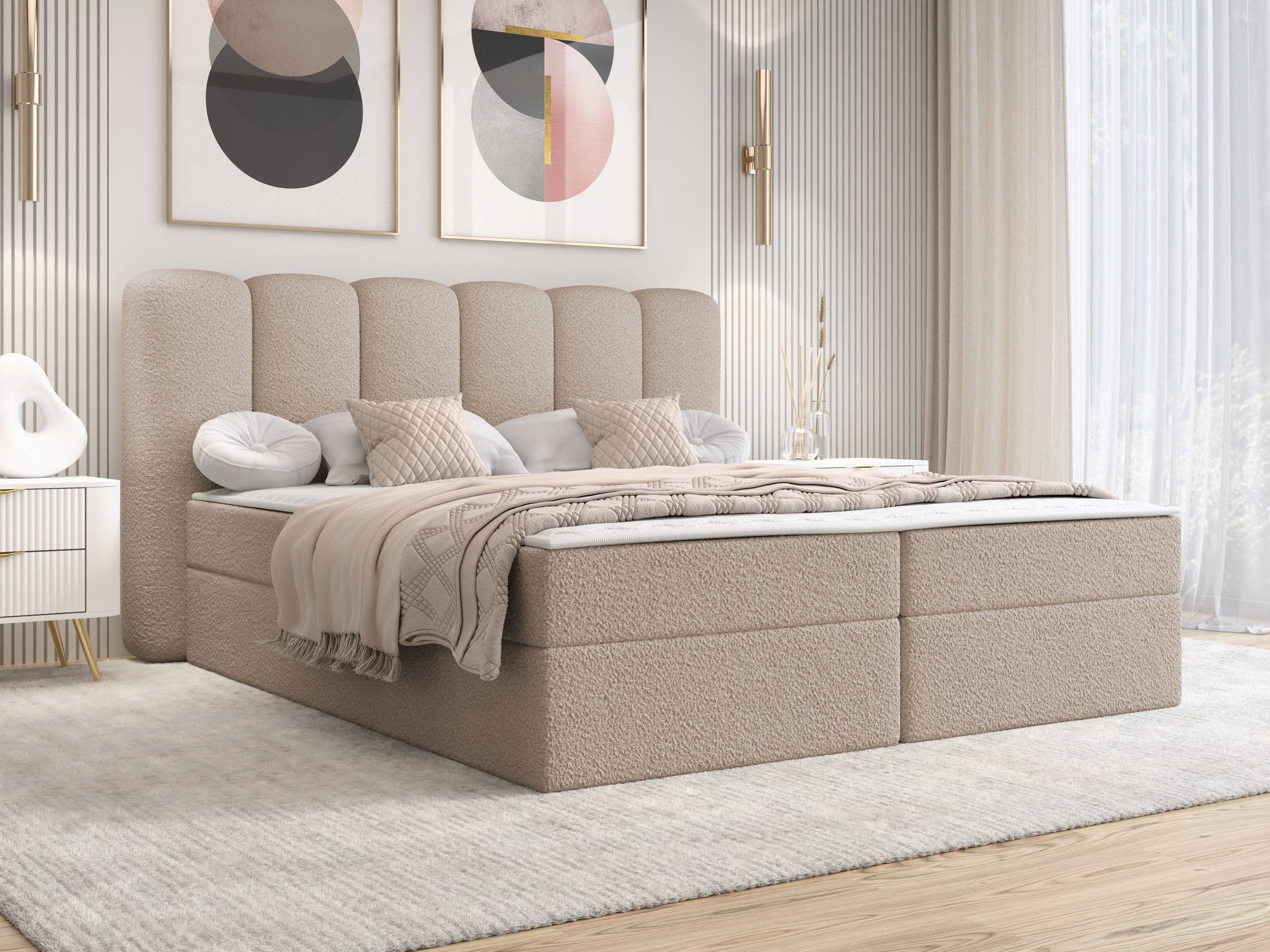 MIRJAN24 Boxspringbett Softi 1 Boucle (zwei Bettkästen für die Bettwäsche), Bonellfederkern H3, Topper