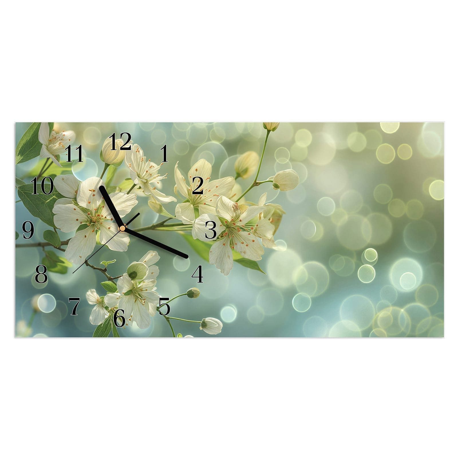 Wanduhr Glasuhr Wandkunst Größe 60 x 30 cm mit Motiv Fruehlingserwachen